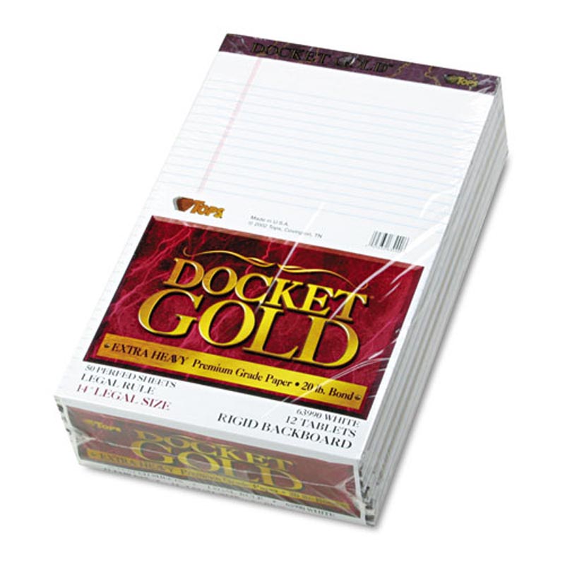 Docket Gold Perforated Legal Pads - Wide Ruled 20# Paper (12 Pack, 50 Sheets Each) - Premium Writing Pads for Office, School & Note Taking