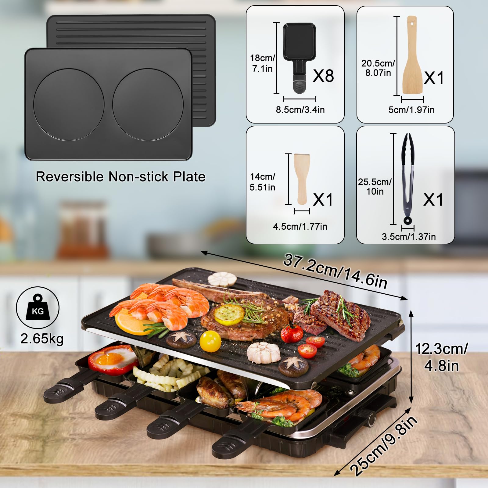 Premium Raclette Table Grill & Korean BBQ Electric Griddle - 2-in-1 Nonstick Indoor Grill with 8 Cheese Pans, Adjustable Temperature (1300W) - Perfect for Family Gatherings, Parties & Home Cooking