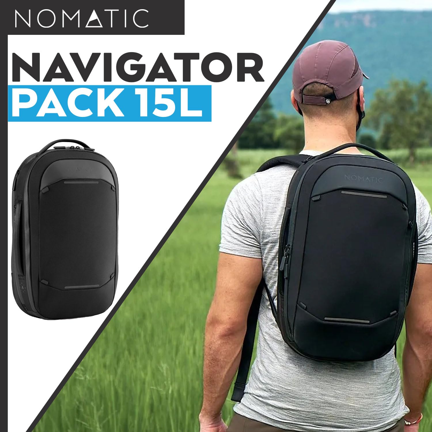 NOMATIC Navigator Premium 15L Expandable Backpack - Water Resistant Anti-Theft Laptop Bag with 6L Built-In Expansion - Perfect for Travel, Work & Daily Commute - Black Computer Backpack for Professionals & Students