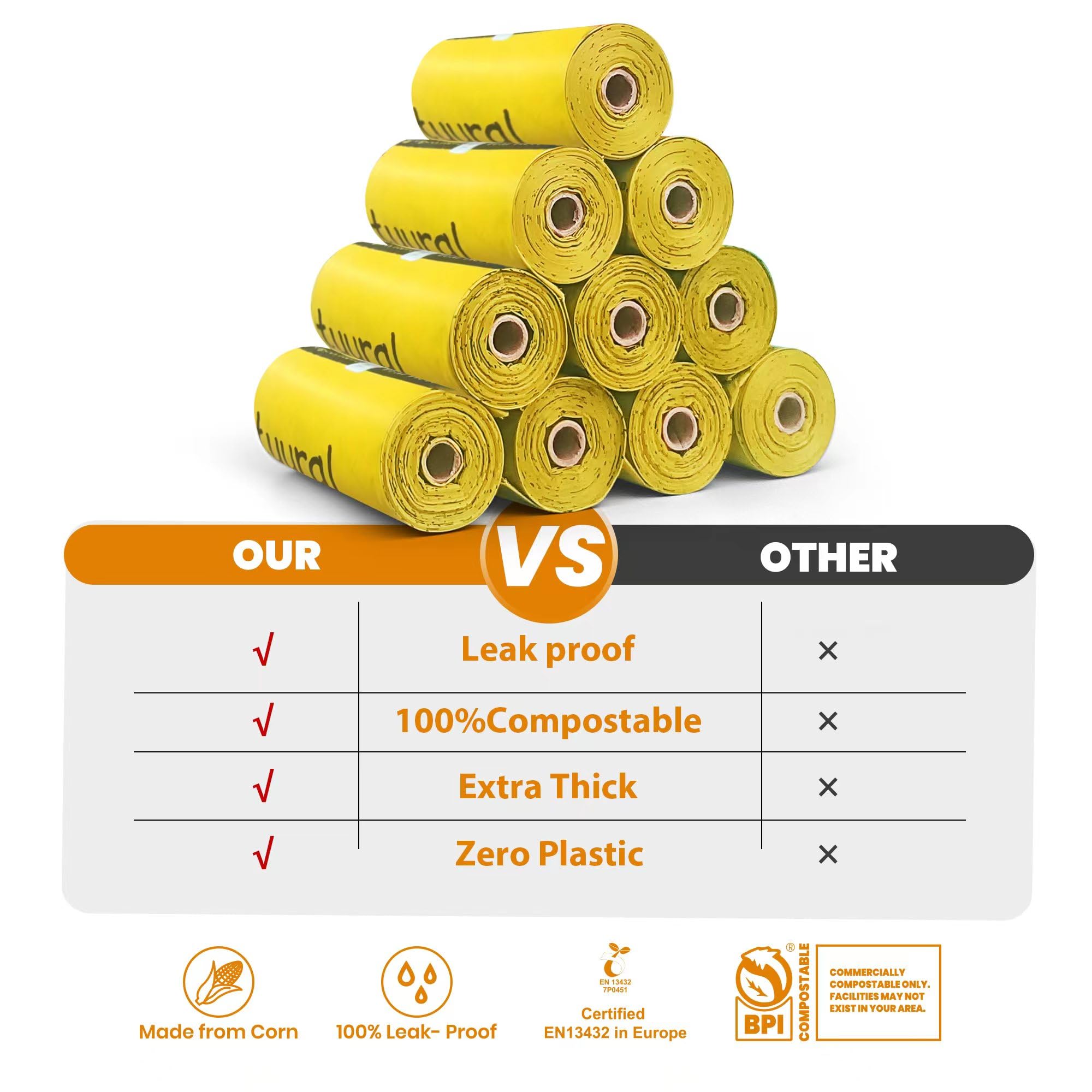 Certified Compostable Dog Poop Bags - 270 Count (18 Rolls) | Cornstarch-Based, Eco-Friendly & Durable | Unscented Yellow Waste Bags for Dogs | Perfect for Park Walks, Backyard Cleanup & Travel Use