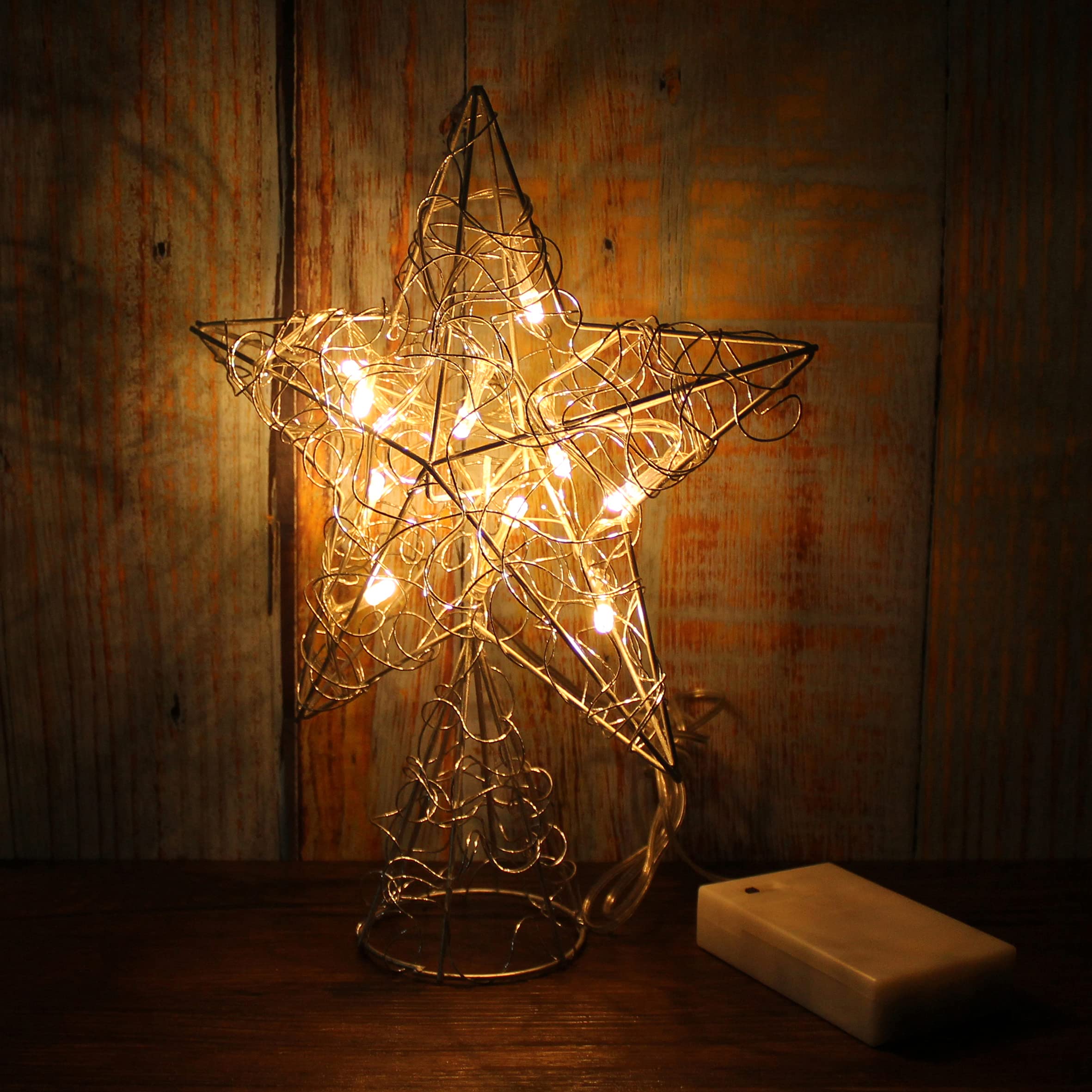 CVHOMEDECO Silver Wire Twine Tree Topper Star with Bright White LED Lights & Timer - 8x10 Inch Christmas Tree Decorations for Holiday, Party & Home Decor - Perfect for Xmas Trees, Mantels & Seasonal Displays