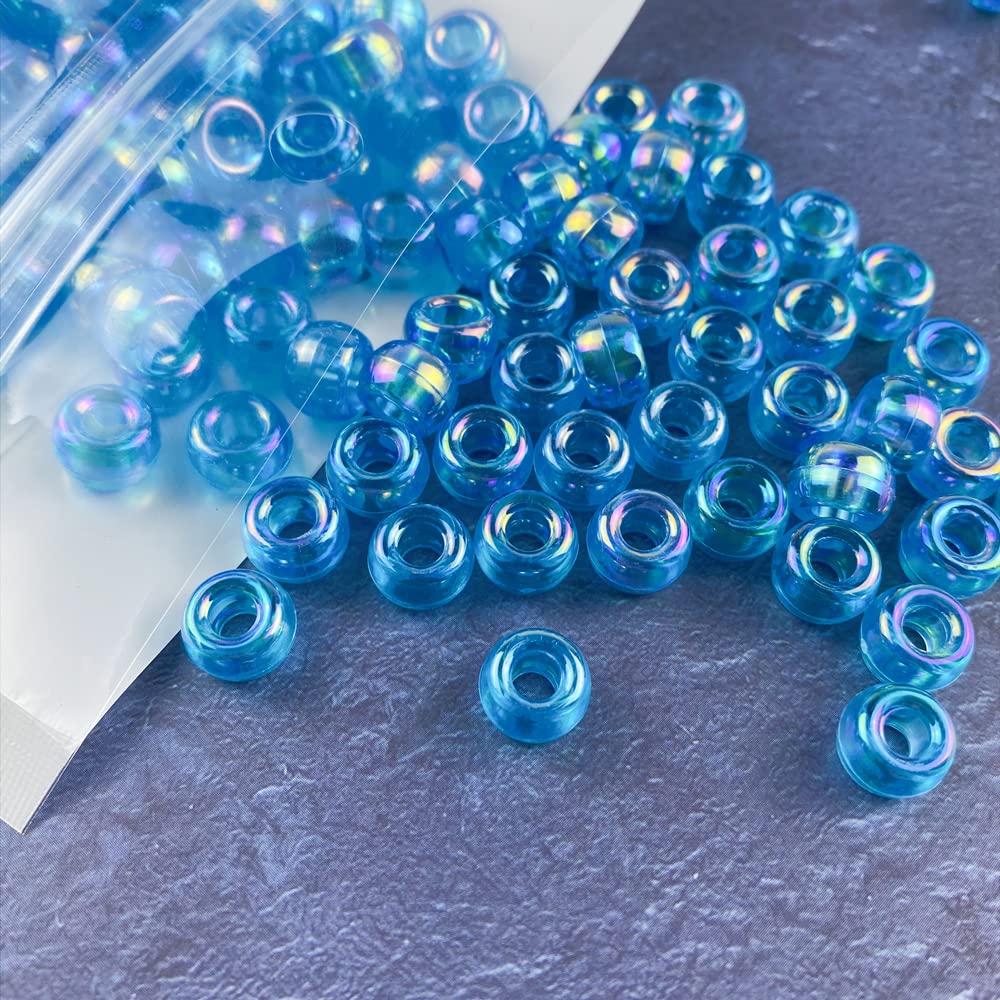 300 Pcs Pastel Acrylic Pony Beads for DIY Jewelry Making - 6x9mm Lake Blue AB Plastic Spacer Beads for Bracelets, Necklaces, Hair Braids & Kids Crafts (Great for Friendship Bracelets & Scrapbooking)