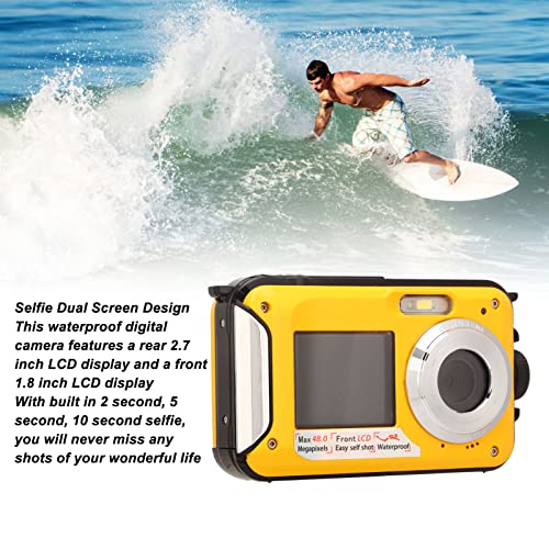 48MP Waterproof Digital Camera with 2.7K FHD Video & 16x Zoom - 10ft Underwater Camera with Dual Screens for Selfie - Ideal for Snorkeling, Swimming, Beach Vacations & Outdoor Adventures (Yellow)