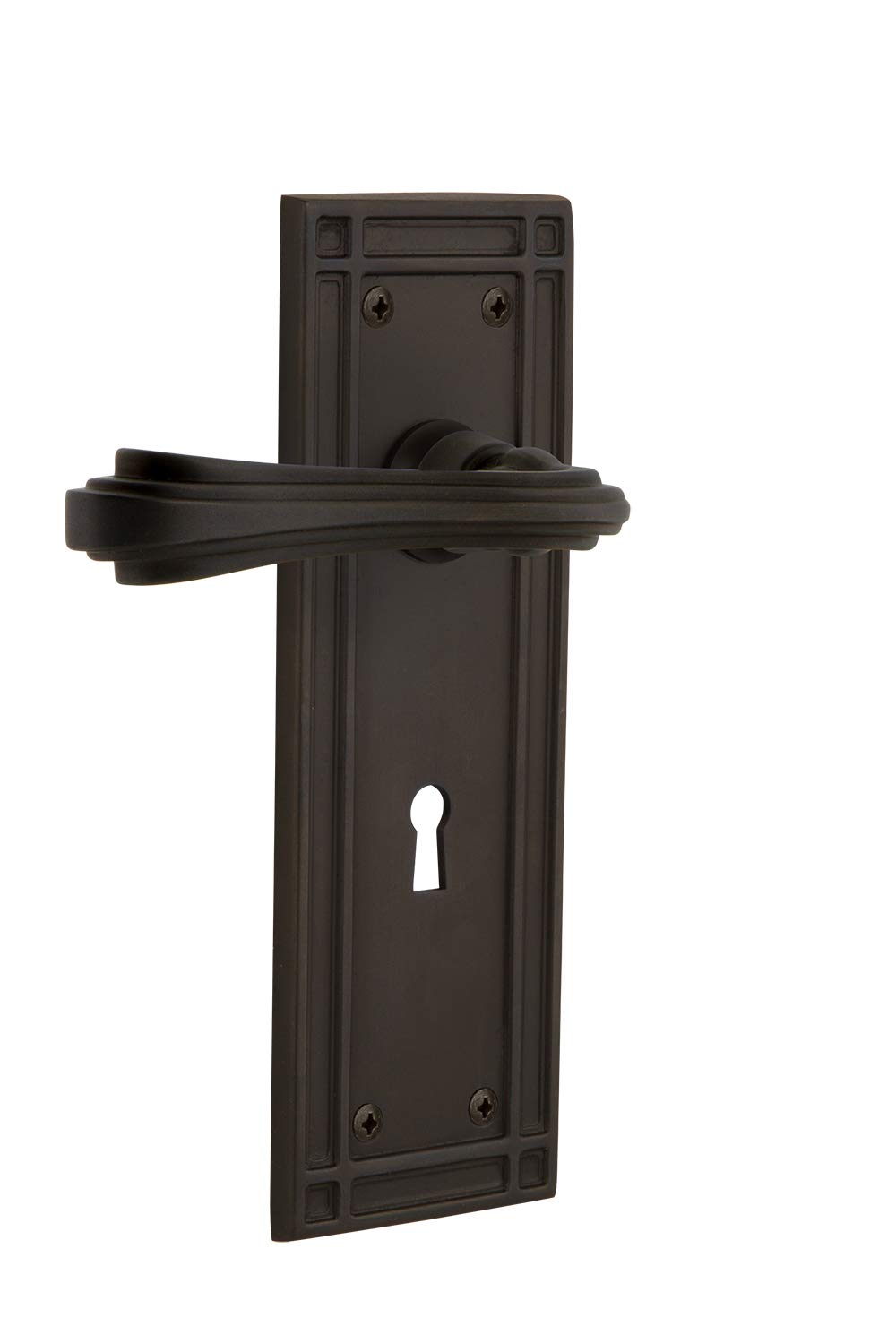 Nostalgic Warehouse Mission Plate Privacy Door Lever with Keyhole Fleur Design in Oil-Rubbed Bronze - Perfect for Vintage Home Decor, Bedroom & Bathroom Doors