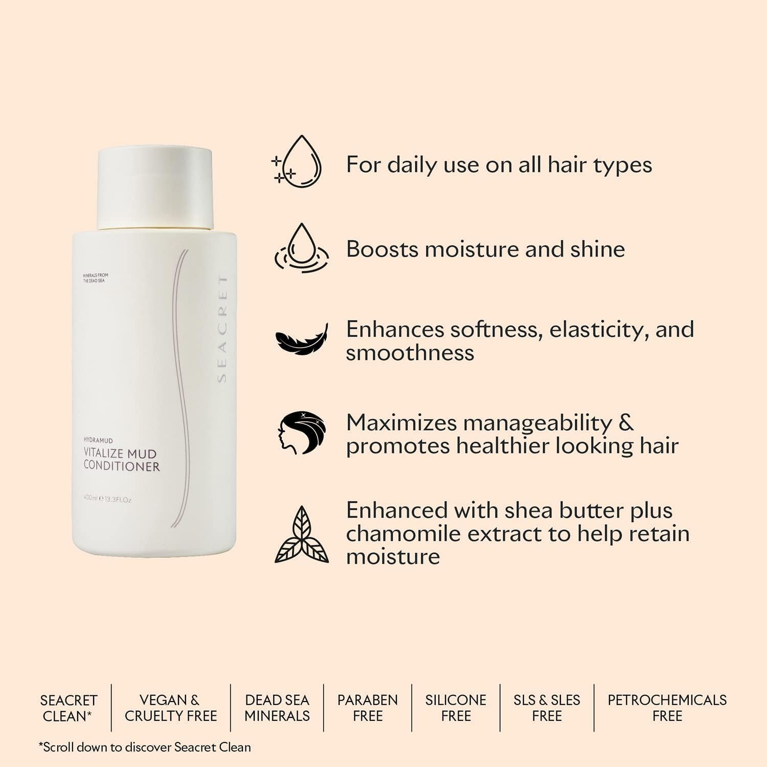 SEACRET HydraMud Vitalizing Hair Conditioner with Dead Sea Minerals & Argan Oil - Deep Moisturizing Treatment for Dry, Damaged Hair - Perfect for Salon-Quality Results at Home