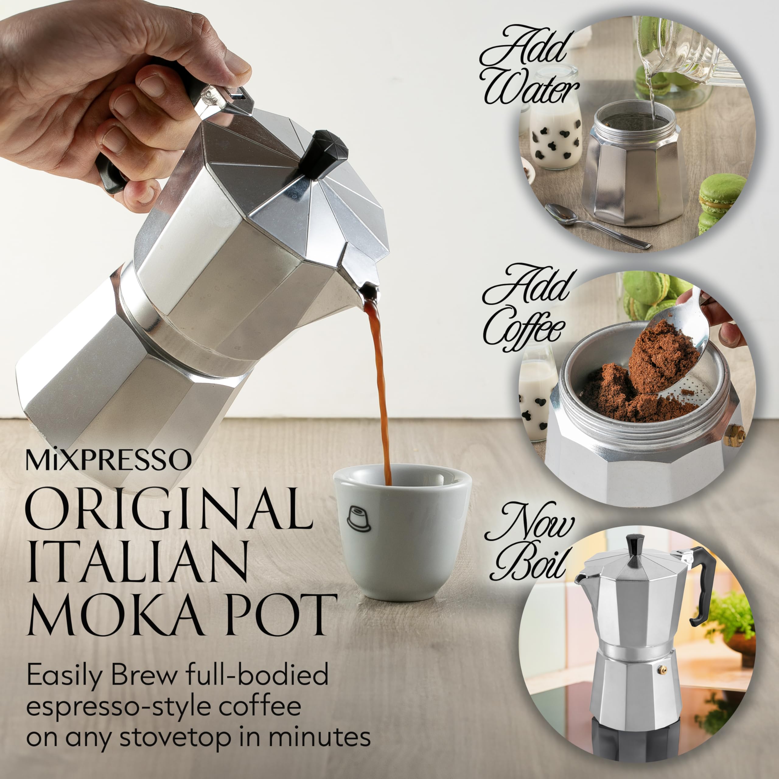 Mixpresso 6 Cup Moka Pot - Classic Italian Stovetop Espresso Maker for Gas & Electric Stoves - Perfect for Cuban Coffee, Camping & Home Brewing (10 Oz, Makes 6 Espresso Cups) - Ideal for Kitchen, Outdoor Adventures & Coffee Lovers