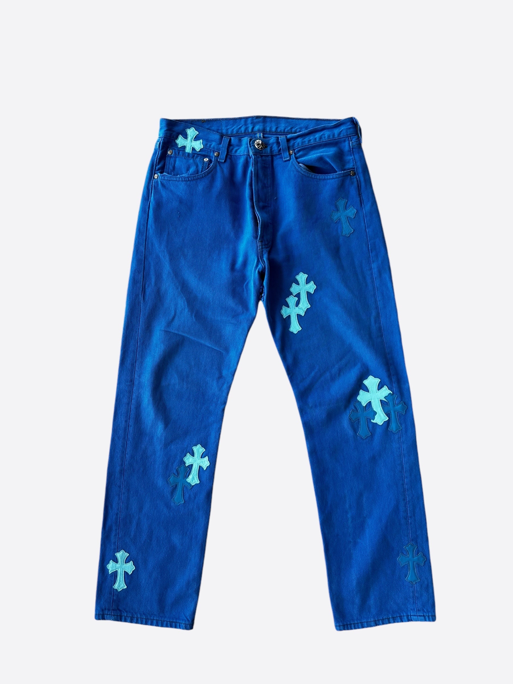 Chrome Hearts x Levi's Blue Dyed Cross Patch Jeans for Men - Stylish Distressed Denim Pants for Casual Wear & Street Fashion