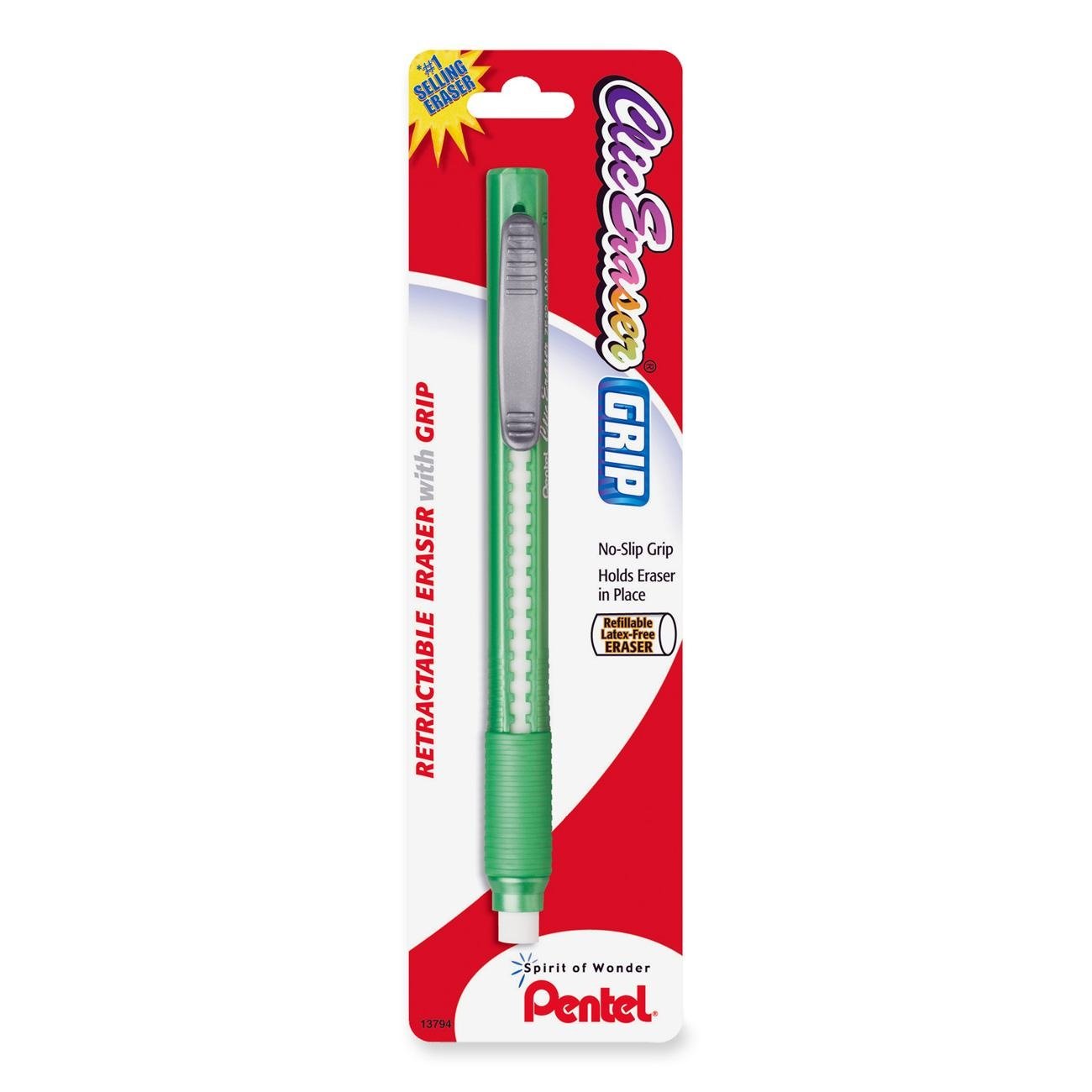 Pentel Clic Eraser Grip Retractable Eraser with Comfort Grip, Assorted Barrels, 1 Pack (ZE21TBP) - Perfect for School, Office, and Art Projects
