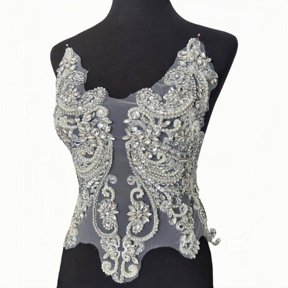 Handmade Rhinestone Lace Appliques with Glass Beads - Sew-on Bodice Trim Patches for Dresses & Clothing (White) | Perfect for Wedding Gowns, Costumes & DIY Fashion Projects
