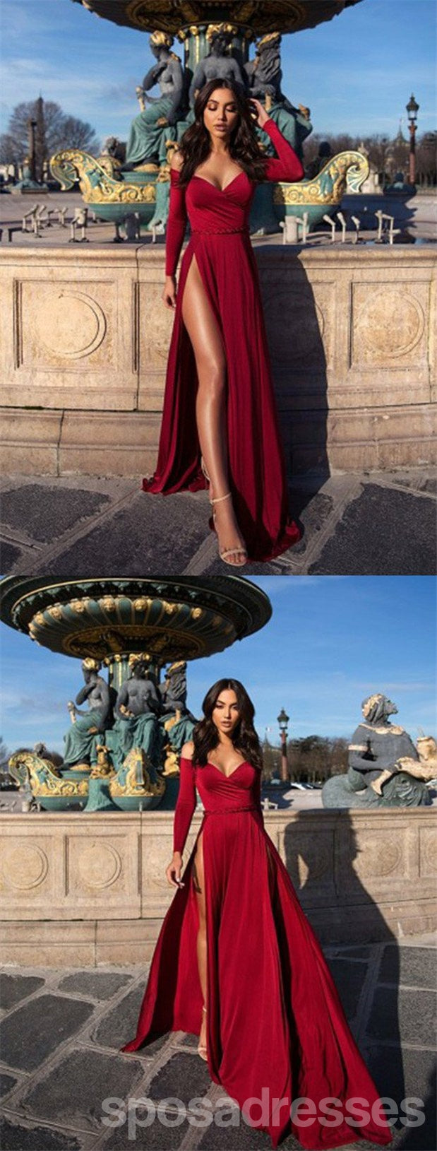 Elegant Burgundy Mermaid Prom Dress with Long Sleeves & High Slit - V-Neck Formal Gown for Homecoming, Evening Parties & Special Occasions