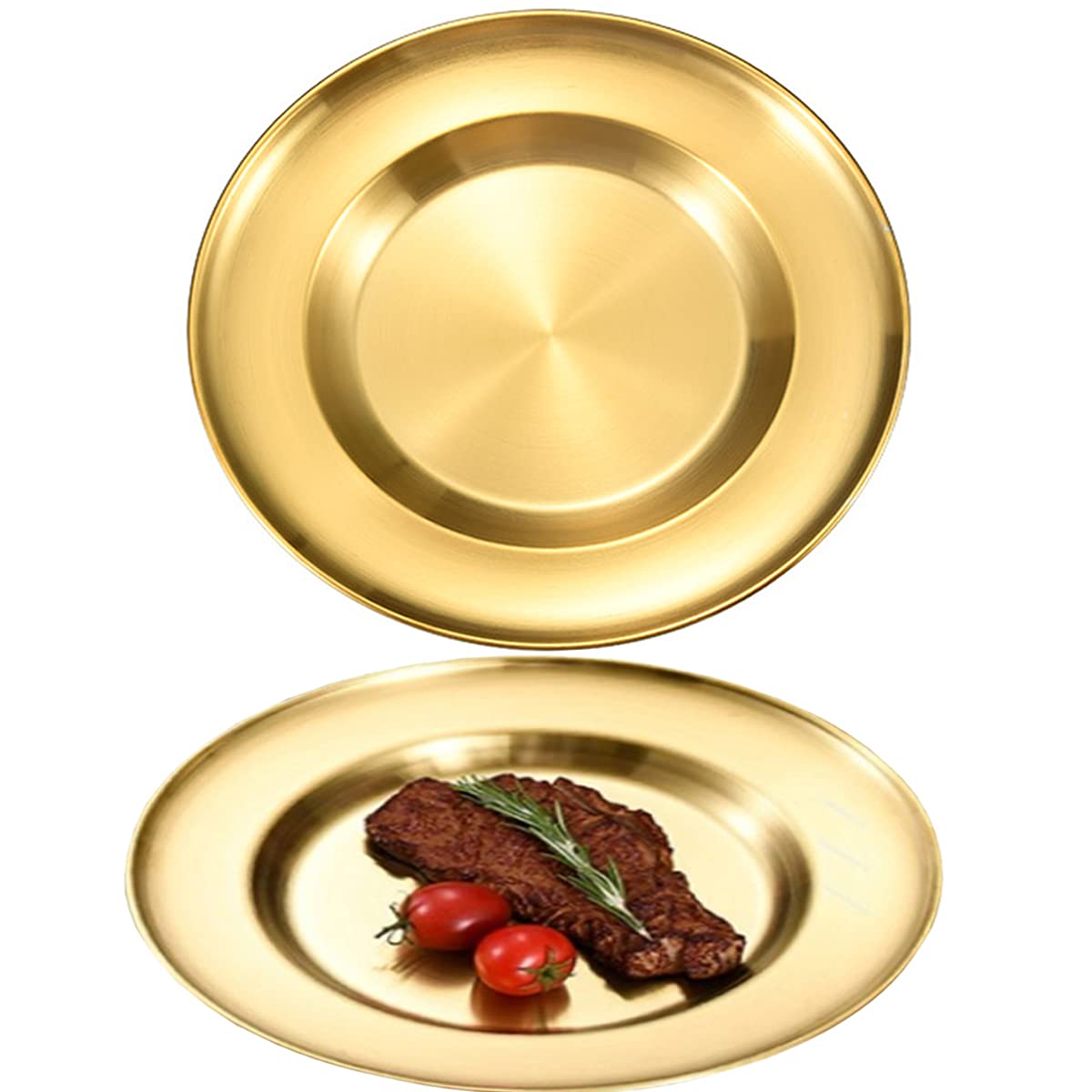 AIYoo 2-Pack Stainless Steel Deep Dinner Plates - Shatterproof, Dishwasher Safe Metal Plates for Steak, Camping, Kitchen & Outdoor Use - Gold Brushed Polish Round Serving Dishes for Restaurants, Picnics & Daily Dining