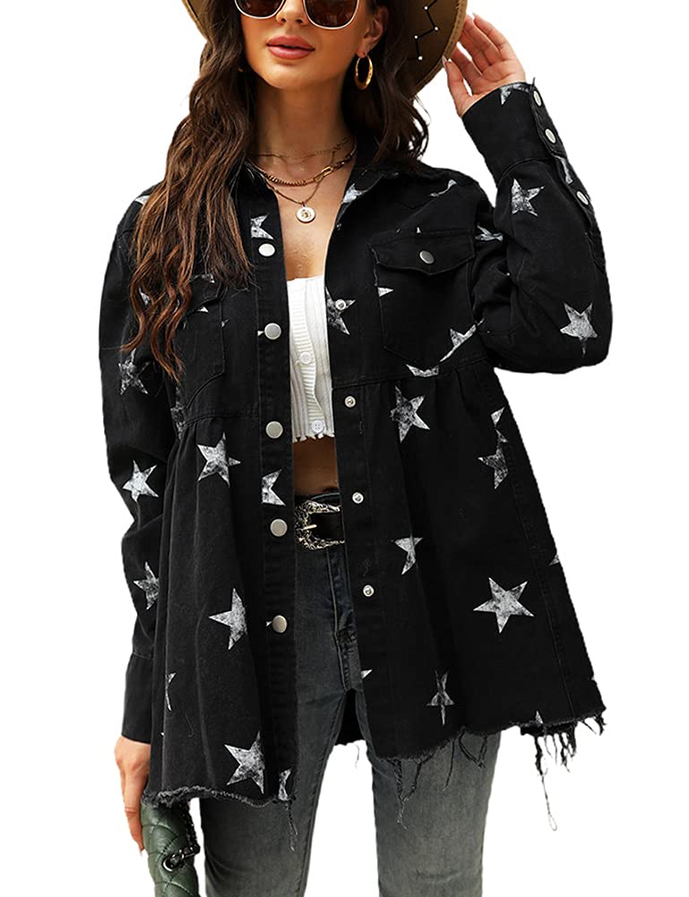 Chouyatou Women's Distressed Denim Jacket with Raw Hem & Star Print - Mid-Length Peplum Style for Casual Outfits, Perfect for Spring Layering and Streetwear Fashion