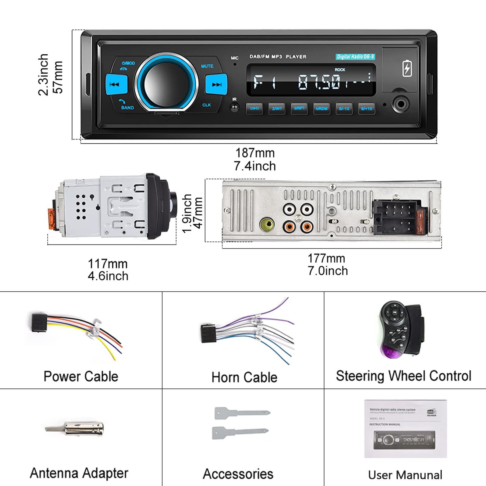 Hodozzy Single Din Car Stereo with Bluetooth, DAB+ & FM RDS Radio | MP3 Player, USB/TF/AUX Input | Steering Wheel Control & Hands-Free Calling | Perfect for Commuting & Road Trips
