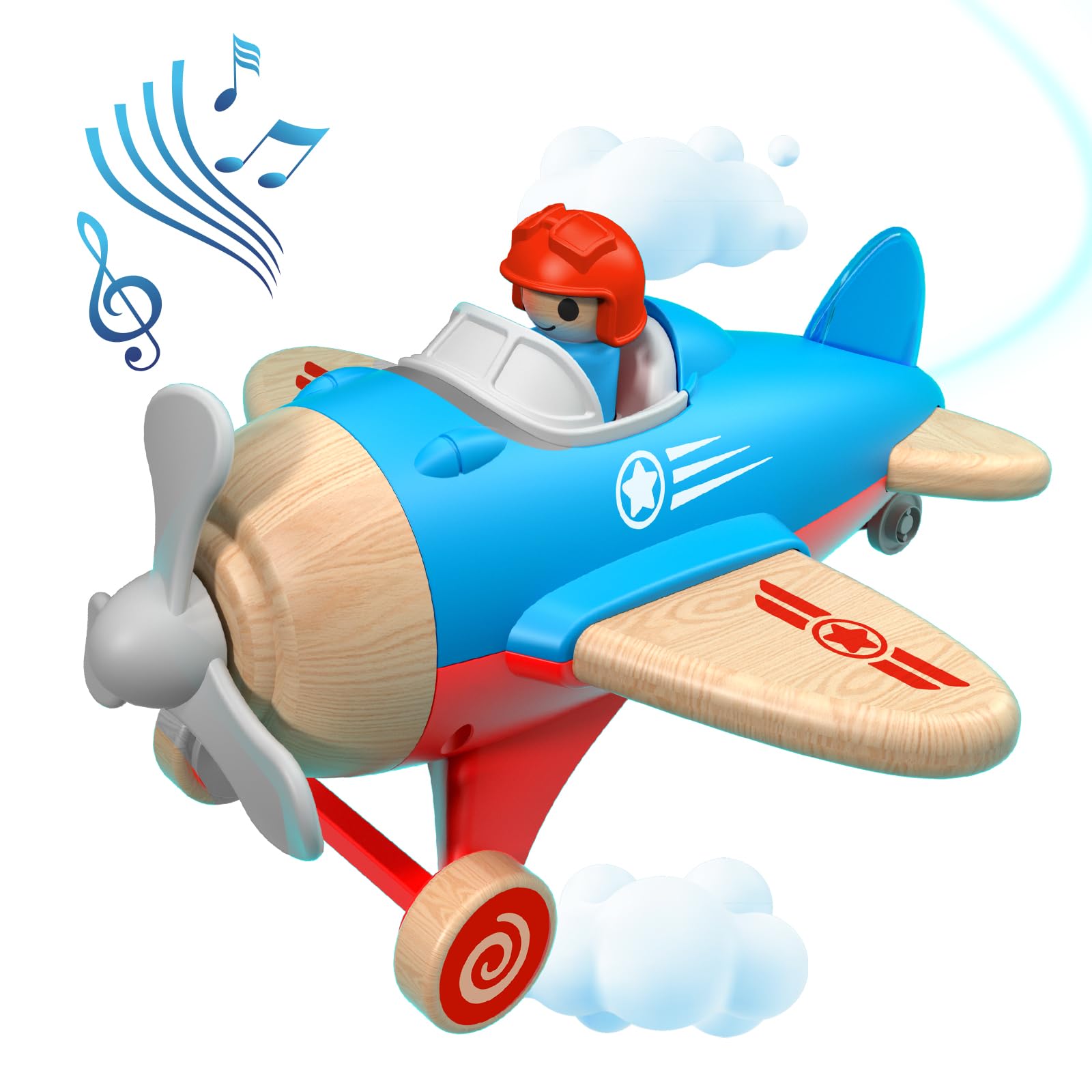Wooden Airplane Toy for Kids - Educational Aviation Learning Toy with Sound & Light Effects, Wooden Truck Vehicle for Boys & Girls Ages 18 Months to 5 Years - Perfect for Pretend Play, STEM Learning & Birthday Gifts