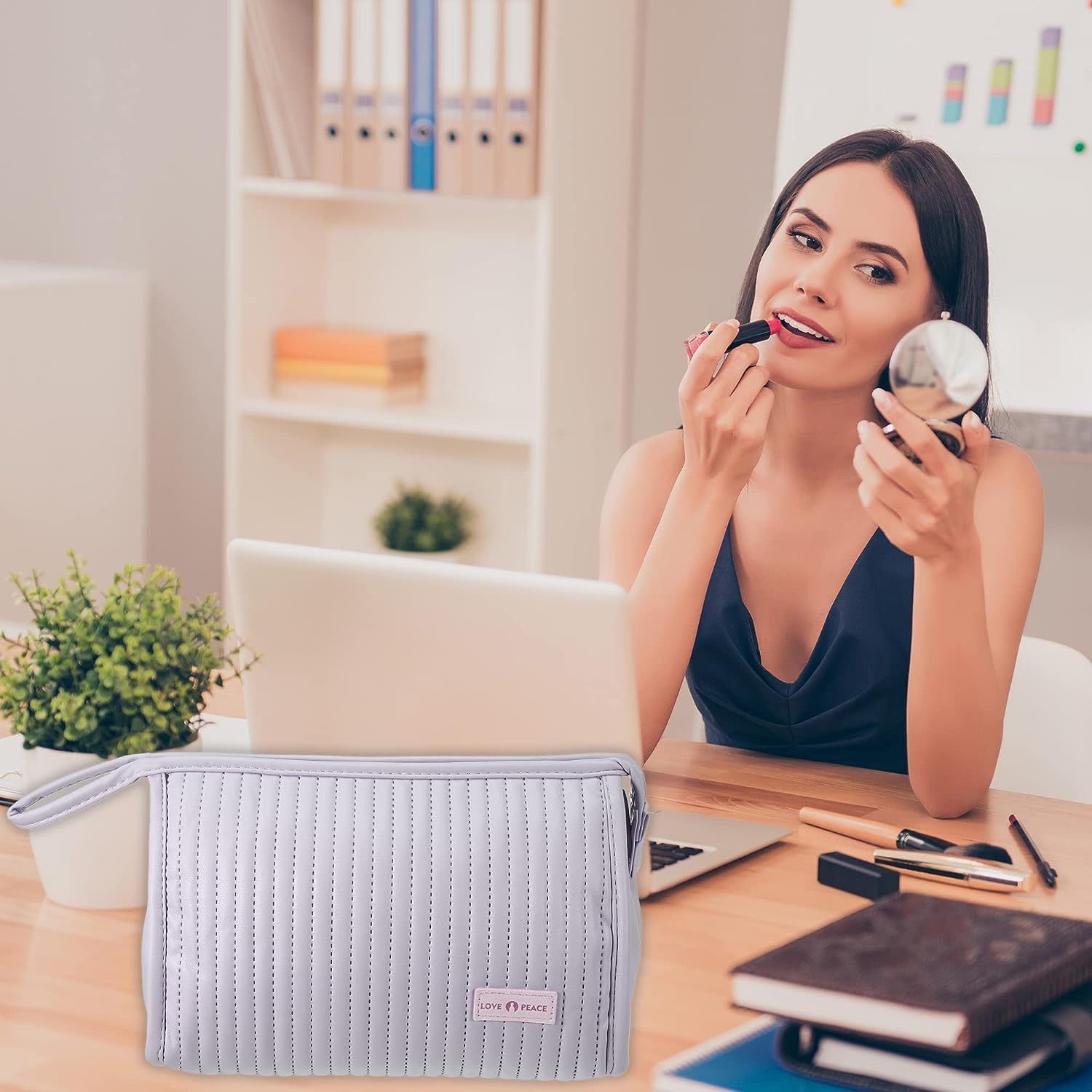 CoolKraft PU Leather Makeup Bag - Large Cosmetic Travel Organizer with Brush Holder, Toiletry Case for Women (Light Grey) | Perfect for Travel, Gym & Daily Beauty Storage
