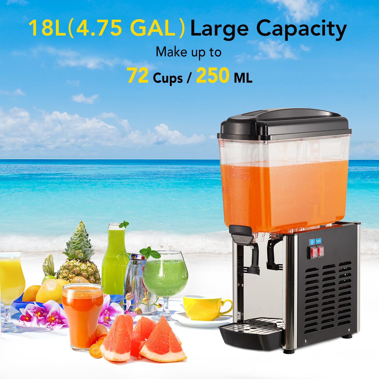 4.8 Gallon Commercial Beverage Dispenser - Stainless Steel Food Grade Drink Dispenser with Thermostat Controller for Slushy, Cold Drinks - Perfect for Restaurants, Hotels, Parties & Events