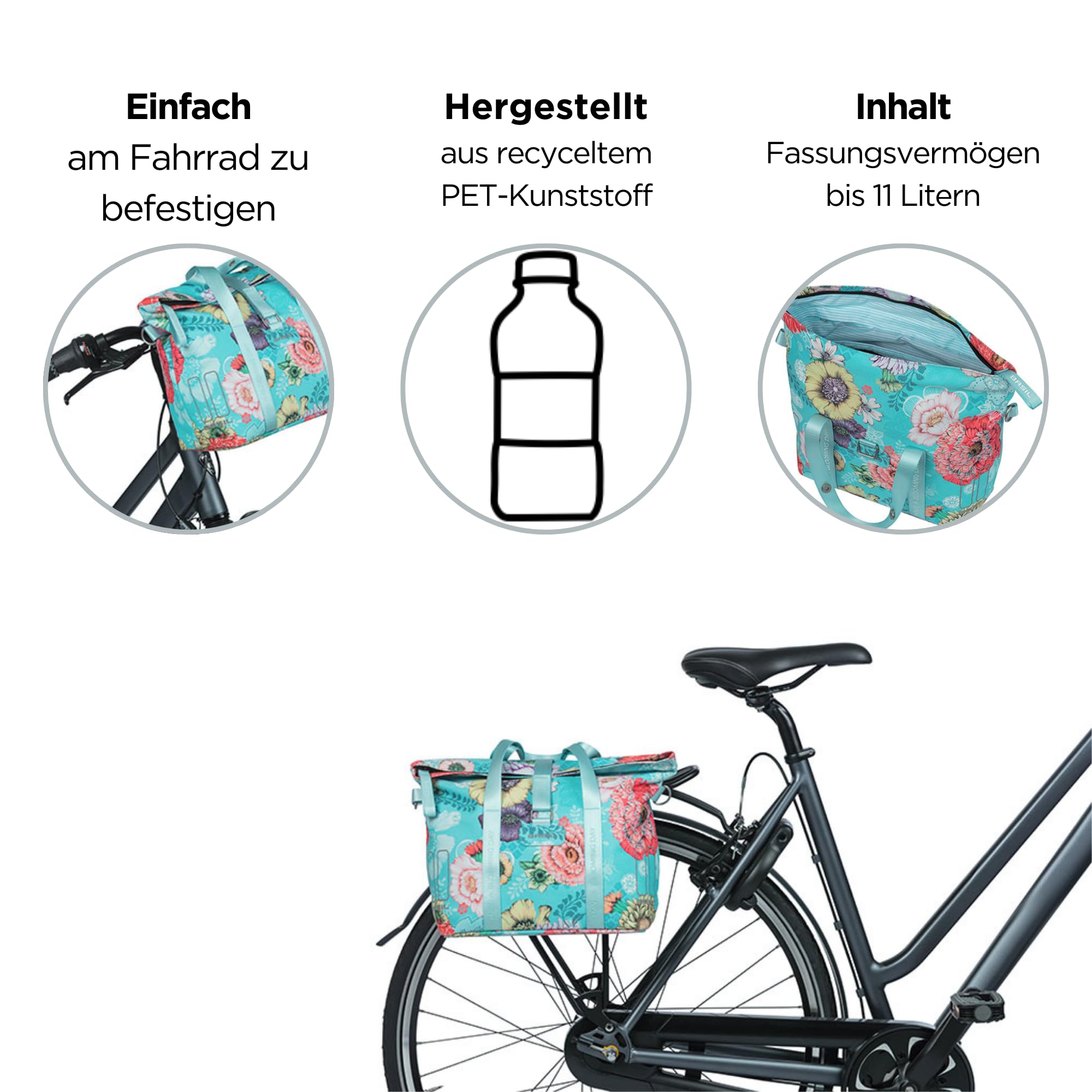 Basil Bicycle Handbag Bloom Field Sky Blue - 8-11 Liter Waterproof Bike Pannier Bag - Eco-Friendly Recycled PET Polyester - Perfect for Commuting, Grocery Shopping & Outdoor Adventures