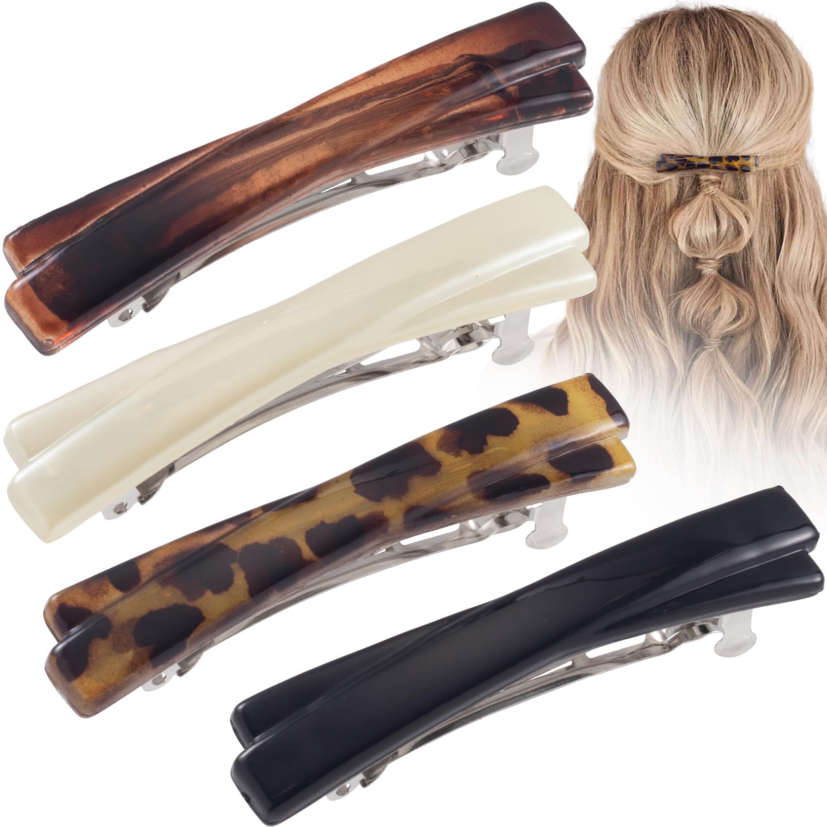 4PCS French Barrette Hair Clips for Women - 2.56 Inch Small Tortoise Shell Hairpins, Curved Glossy Thin Hair Barrettes - Black, White, Leopard & Amber Colors - Perfect for Work, Parties & Everyday Hairstyles