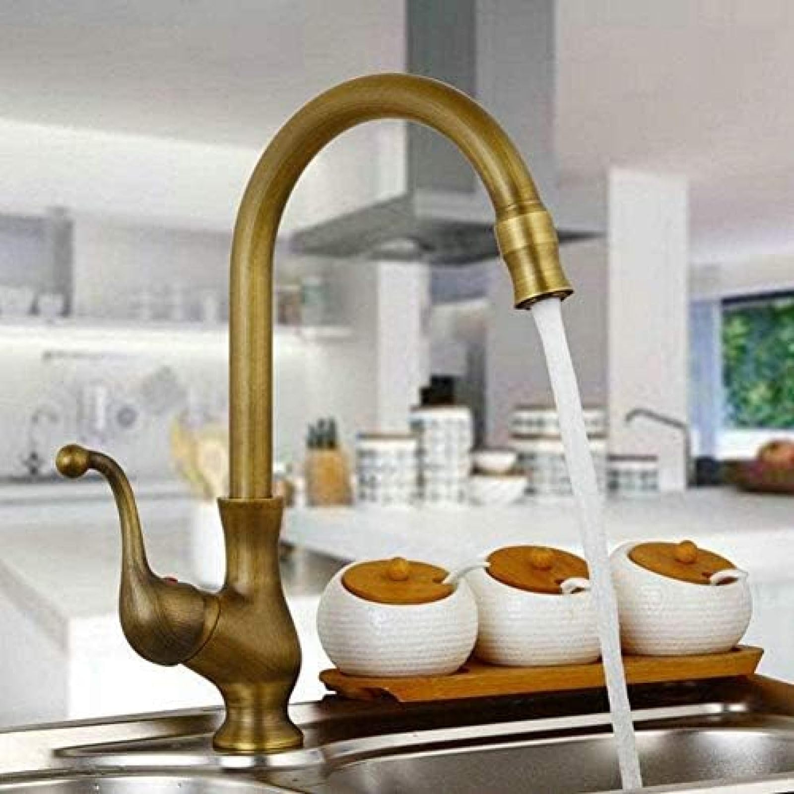 CRJUS 360° Swivel Kitchen Faucet - Antique Brass Finish, High Arc Pull Down Sprayer for Sink - Perfect for Modern Farmhouse & Vintage Style Kitchens (Great for Washing Dishes, Filling Pots & Cleaning Vegetables)