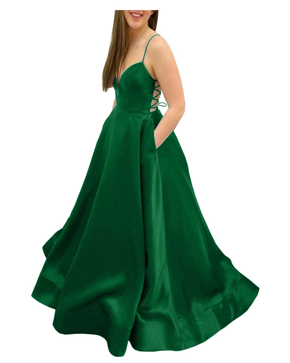 Ever-Beauty Women's V-Neck Satin Prom Dress 2021 | Long A-Line Evening Formal Gown for Homecoming, Wedding, Party & Special Occasions