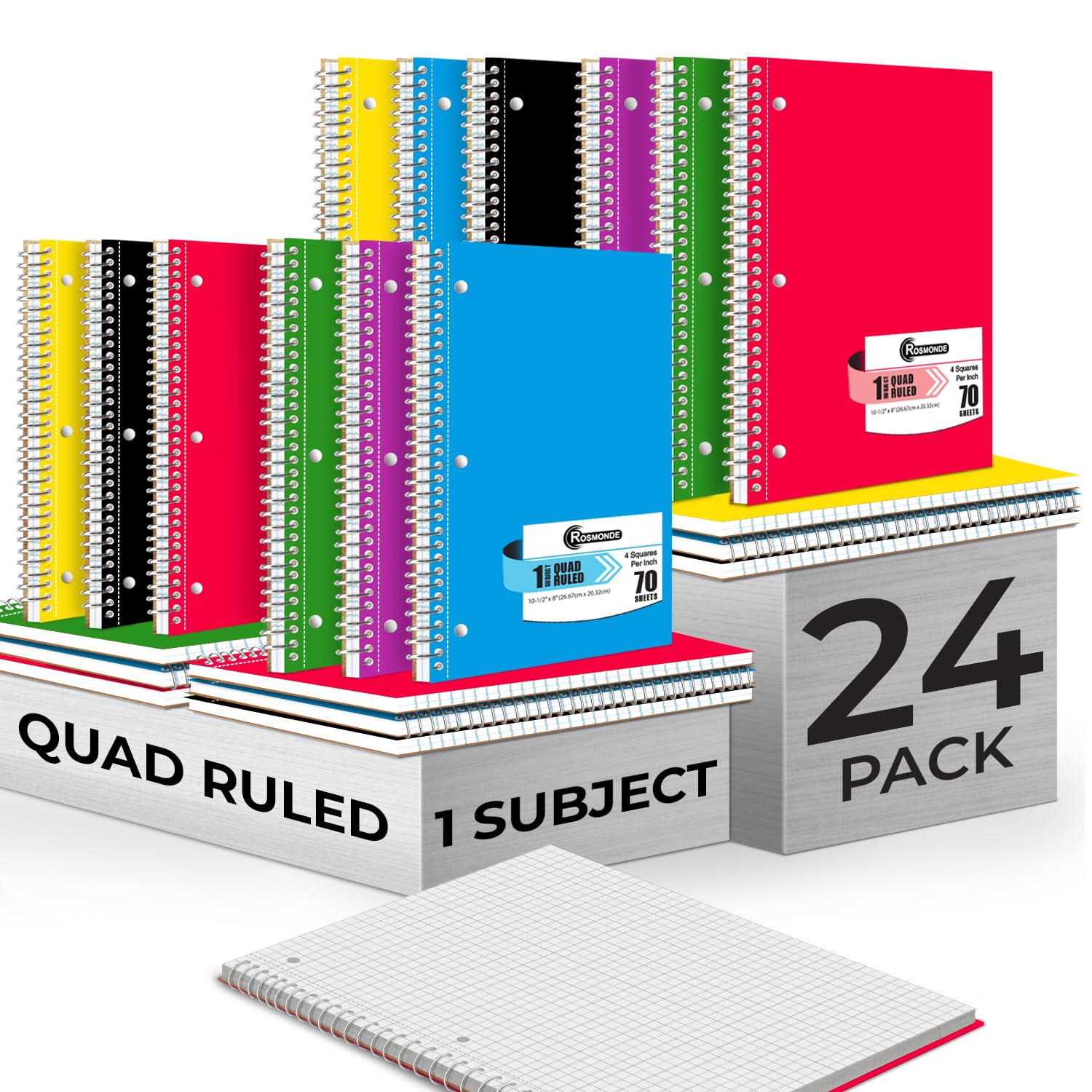 24 Pack 8 x 10.5 Inch 4x4 Grid Spiral Notebooks - 70 Sheets (140 Pages) Single Subject Quad Ruled 3-Hole Punched Graph Paper Notebooks for School, Office & College Note Taking - Bulk Spiral Bound Notebooks for Math, Science & Engineering Students