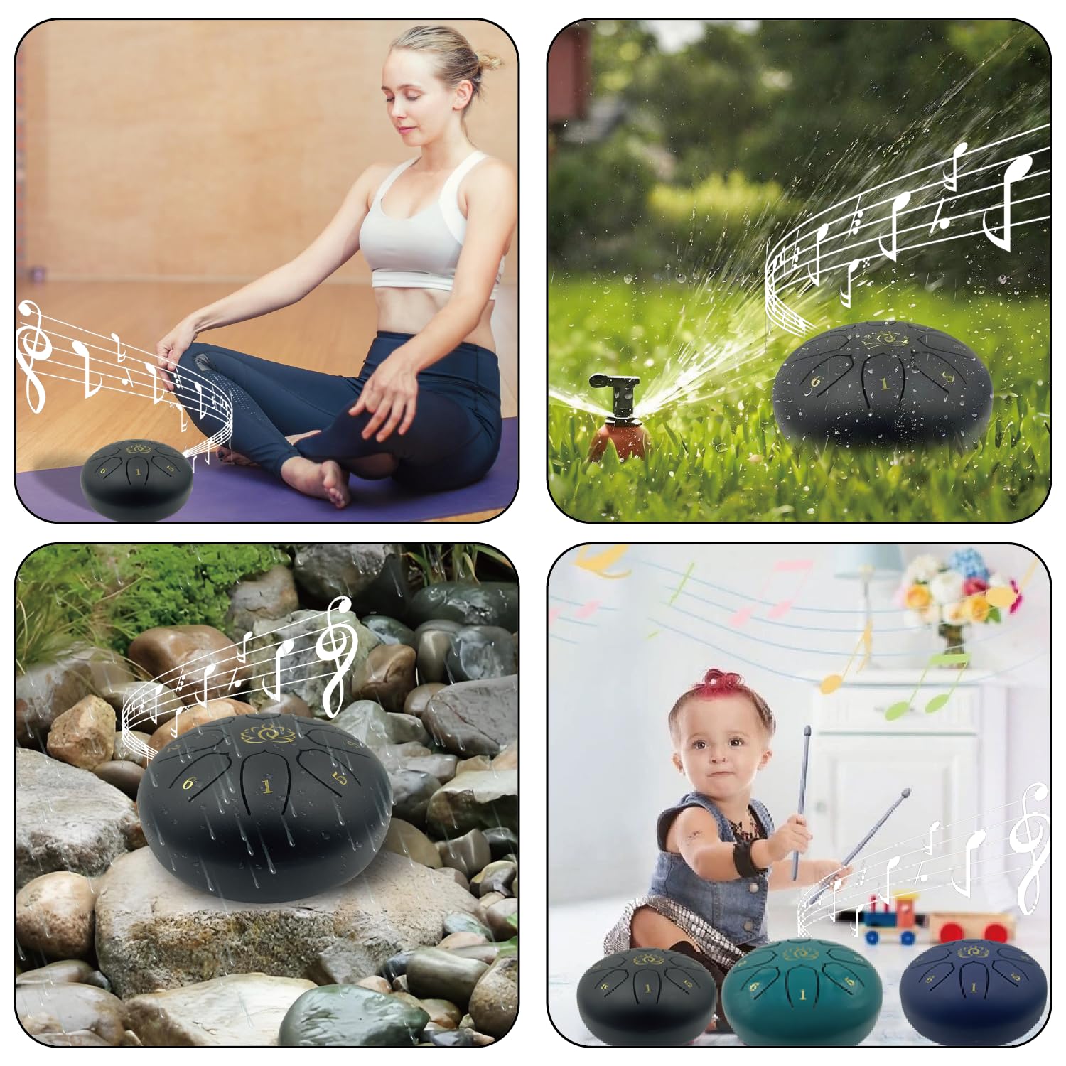 6 Inch 8 Note Steel Tongue Drum - Outdoor Rain Drum for Garden & Patio | Beginner Percussion Instrument with Drumsticks | Perfect for Meditation, Yoga & Relaxation (Matte Black)