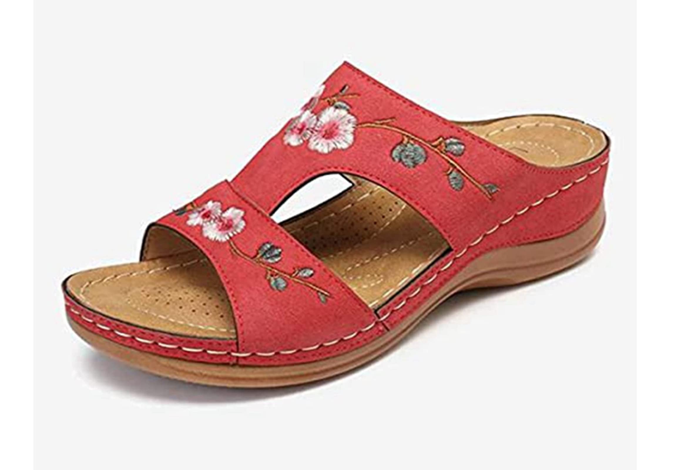 Vintage Floral Embroidered Wedge Sandals for Women - Comfortable Orthopedic Arch Support Summer Beach Slippers | Retro Fashion Casual Shoes (Red, Size 7) | Perfect for Beach Vacations, Summer Outings & Boho Chic Style