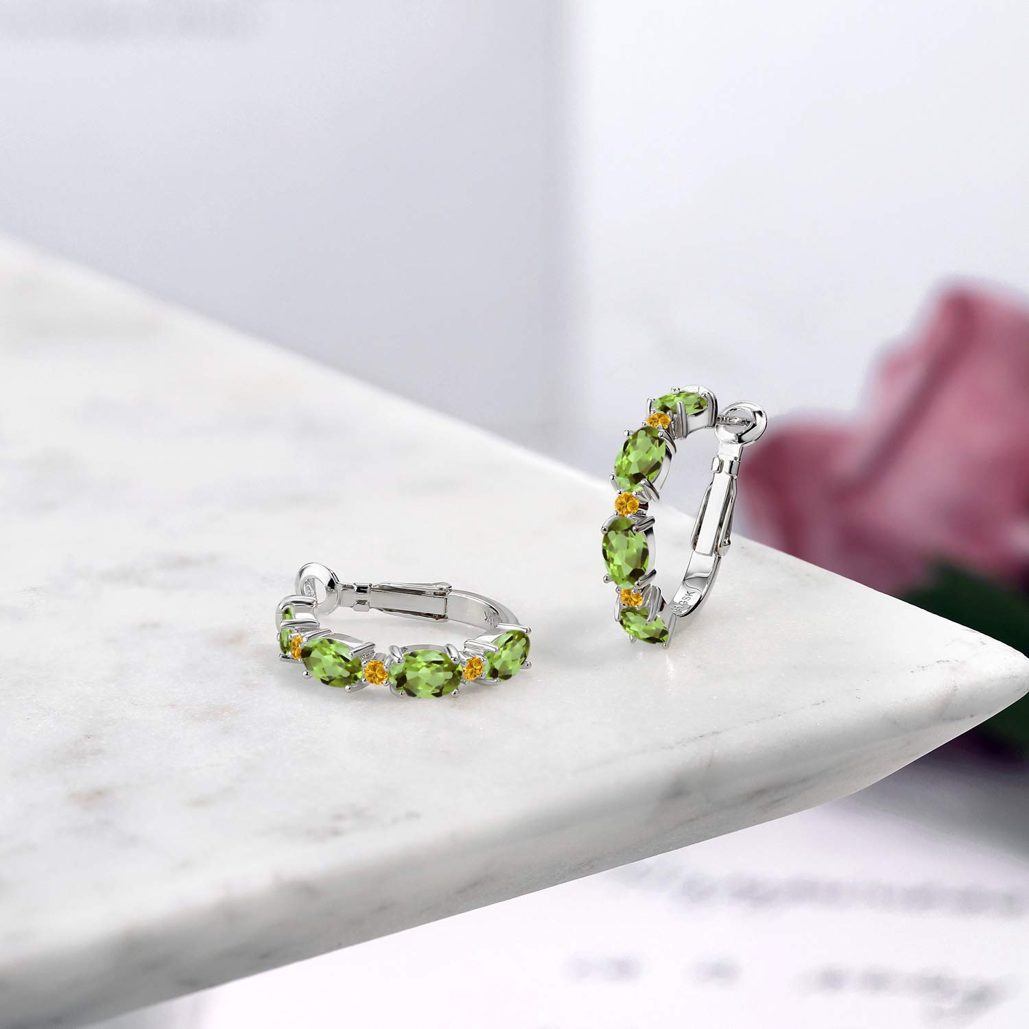 Gem Stone King 925 Sterling Silver Green Peridot & Yellow Sapphire Hoop Earrings for Women | 4.30 Cttw Oval Birthstone Jewelry (6x4mm) | Perfect for Birthdays, Anniversaries & Everyday Wear