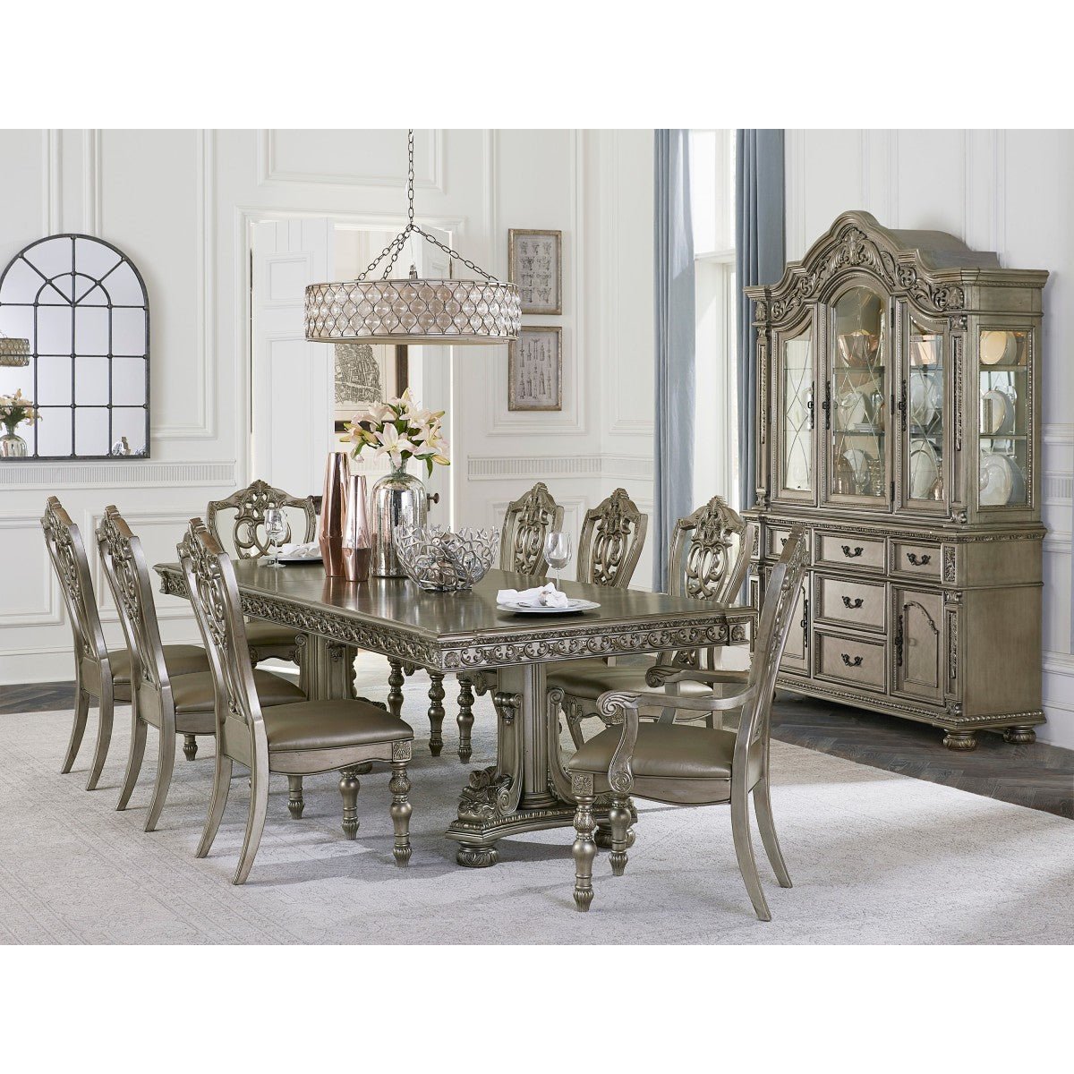 Elegant Catalonia Platinum Gold Buffet & Hutch Dining Set - Perfect for Formal Dining Rooms & Entertaining Guests