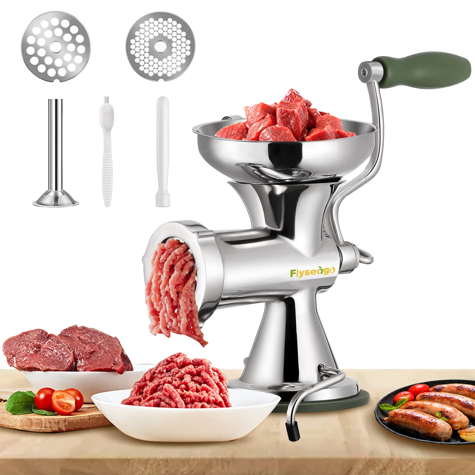 Stainless Steel Manual Meat Grinder - Hand Cranked Sausage Stuffer & Food Mincer for Ground Beef, Vegetables - Home Kitchen Processor, Dishwasher Safe (#8 Size) - Perfect for Homemade Burgers, Sausages & Meal Prep