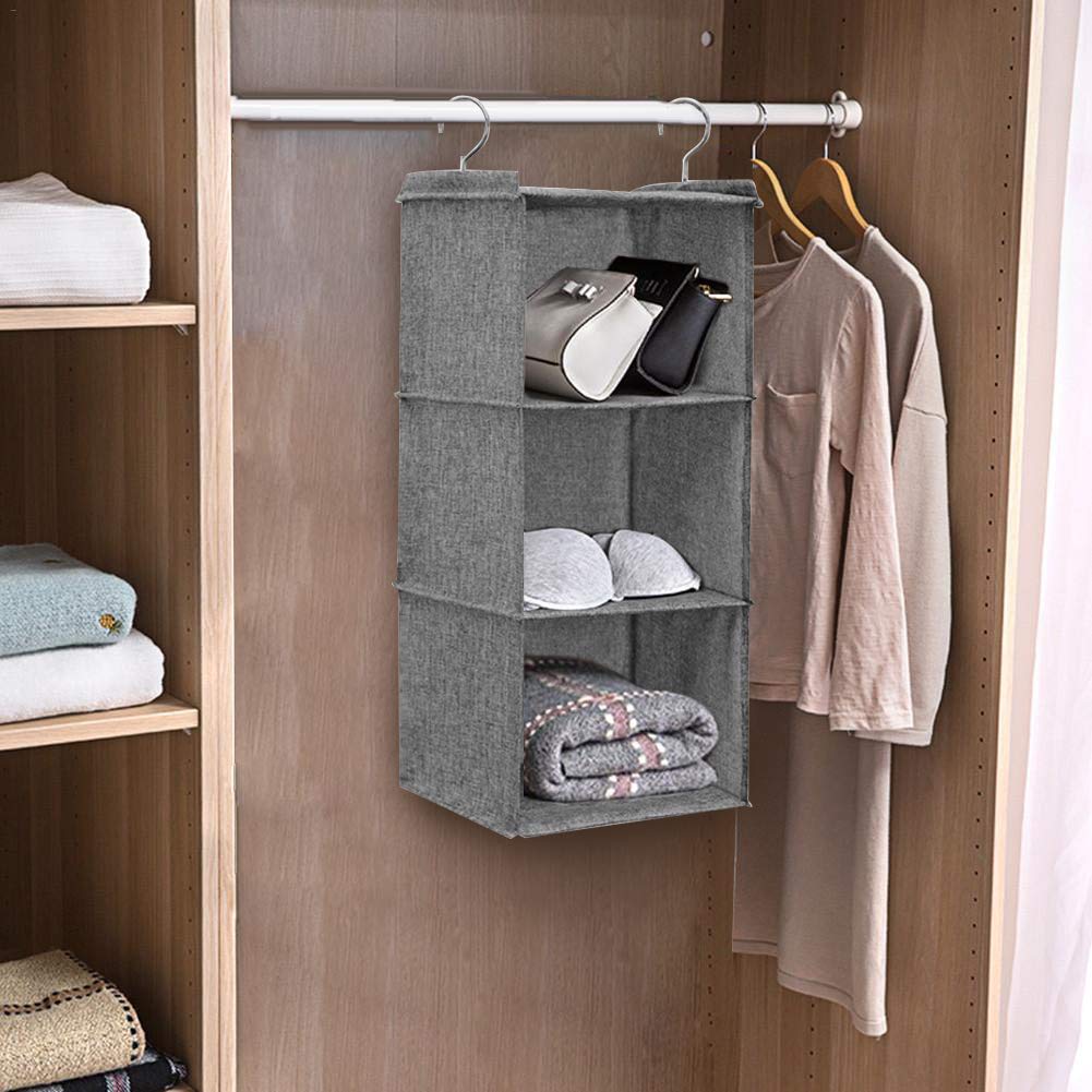 MIFXIN 3-Tier Hanging Closet Organizer - Foldable Storage Shelves for Wardrobe with Hooks | Perfect for Organizing Clothes, Shoes & Accessories in Bedroom, Closet or Dorm Room (Grey)