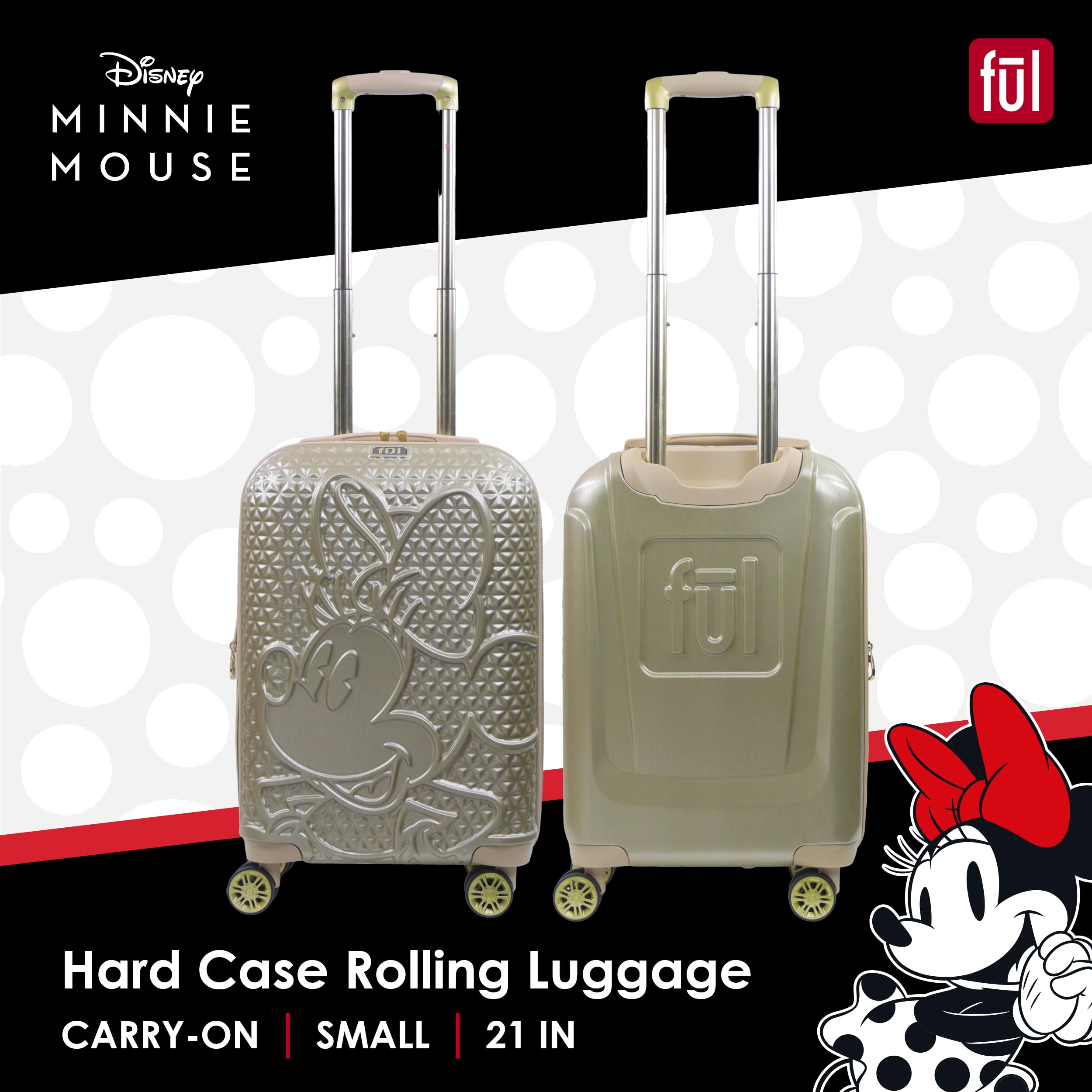 Disney Minnie Mouse 21 Inch Hardshell Spinner Luggage - Textured Gold Carry On Suitcase with 360° Wheels | Perfect for Travel, Vacations & Disney Theme Park Trips