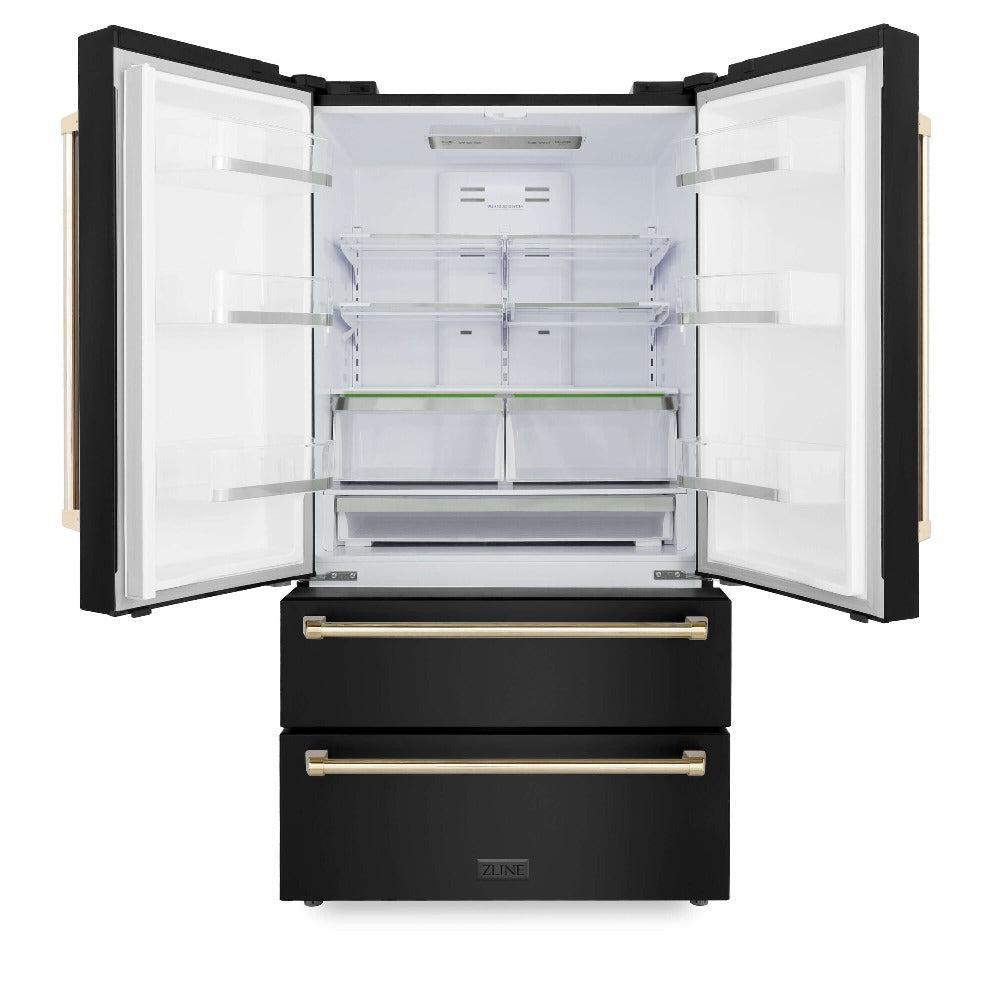 ZLINE Autograph Edition 36-Inch Counter Depth French Door Refrigerator - 22.5 cu. ft. Capacity, Fingerprint Resistant Black Stainless Steel, Polished Gold Handles with Built-In Ice Maker | Perfect for Modern Kitchens, Entertaining & Large Family Storage (RFMZ 36 BS G)