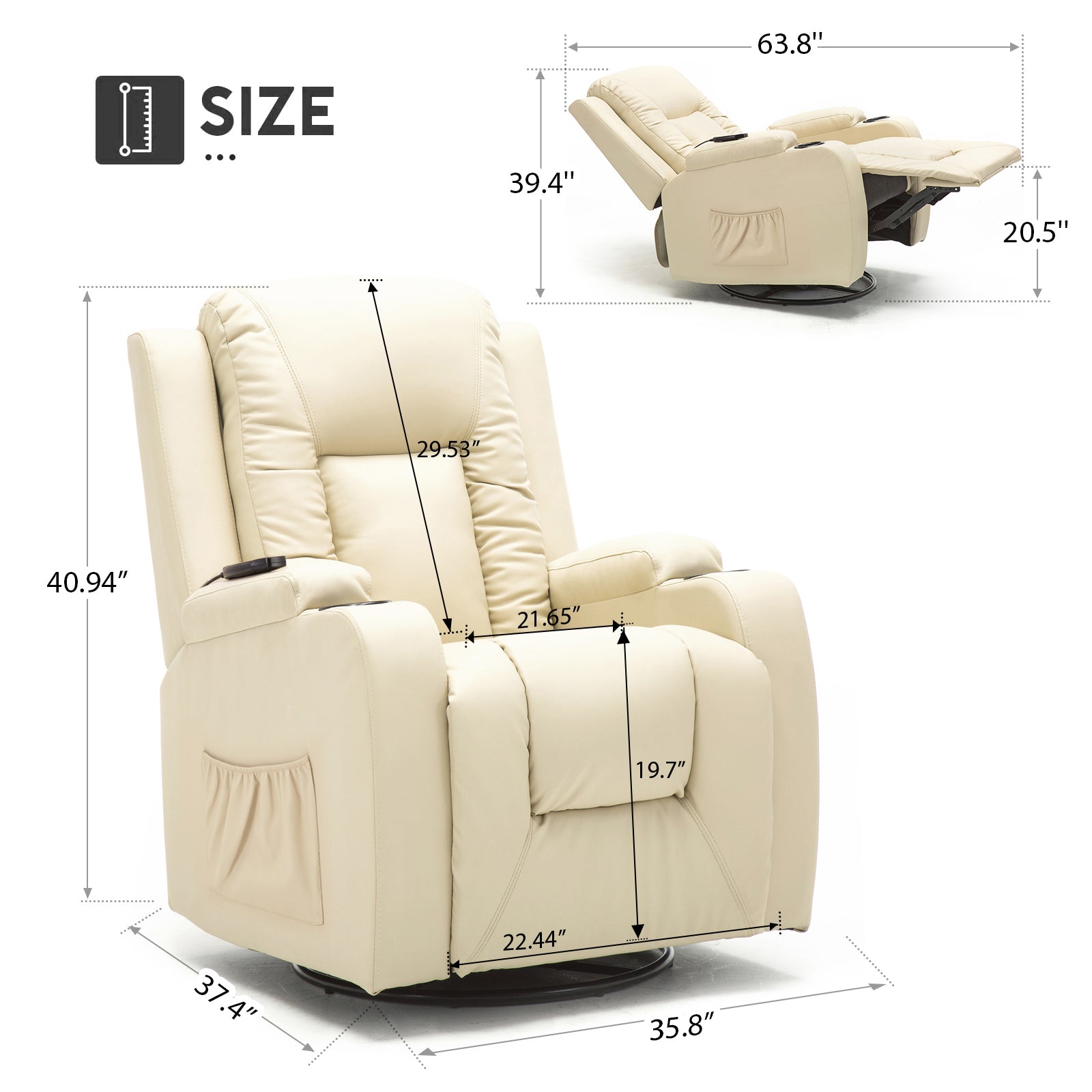 COMHOMA PU Leather Recliner Chair with Heat and Massage - Swivel Rocking Chair for Adults, Single Sofa Seat with Cup Holders & Side Pockets - Perfect for Living Room, Bedroom, Home Theater & Relaxation (Black)