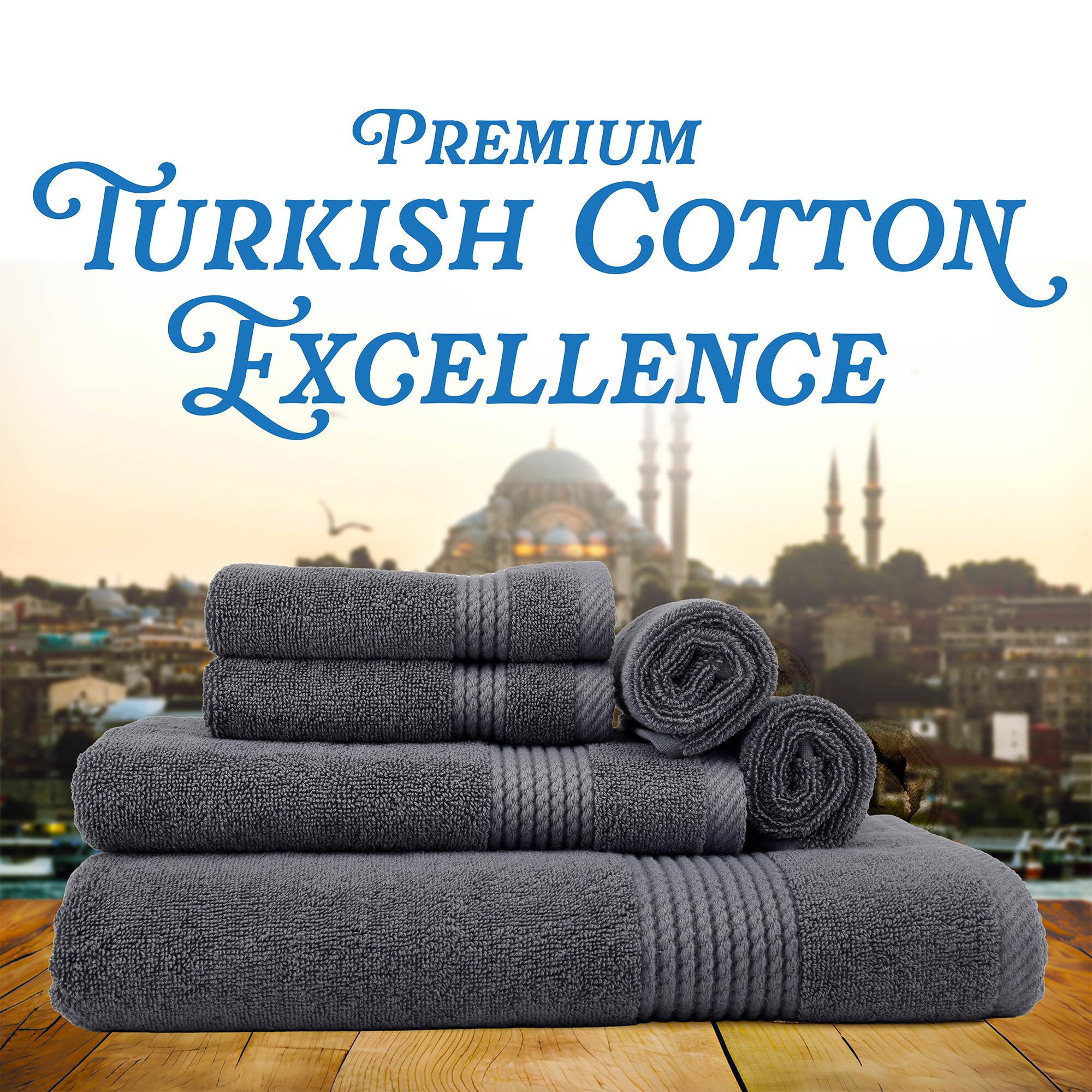 Premium 6-Piece Bath Towel Set - 100% Turkish Cotton, Ultra Soft & Highly Absorbent - Includes 1 Bath Towel, 1 Hand Towel & 4 Washcloths - Dark Gray - Perfect for Spa, Bathroom & Luxury Home Decor