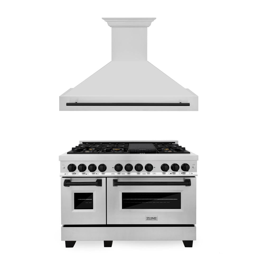 ZLINE Autograph Edition 48-inch Professional Kitchen Package - Stainless Steel Dual Fuel Range & Range Hood with Matte Black Accents (2AKP RARH48 MB) - Perfect for Gourmet Cooking & Modern Home Kitchens