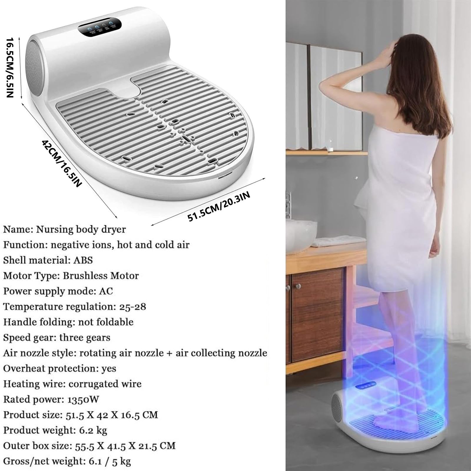 1350W Full Body Dryer for Shower - Negative Ion Air Shower with Smart Thermostat & Foot Touch Screen | Waterproof Body Heater & Care Dryer with Built-in Weight Scale | Perfect for Spa, Gym & Home Bathroom Use