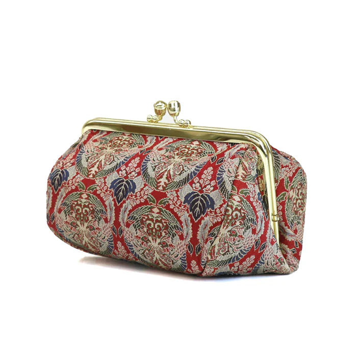 Handmade Kyoto Nishijin Brocade Small Pouch - Floral Phoenix Design in Red | Japanese Traditional Cosmetic & Makeup Bag | Gamaguchi Style Travel Toiletry Organizer | Perfect for Stationery, Purse Organization & Daily Essentials