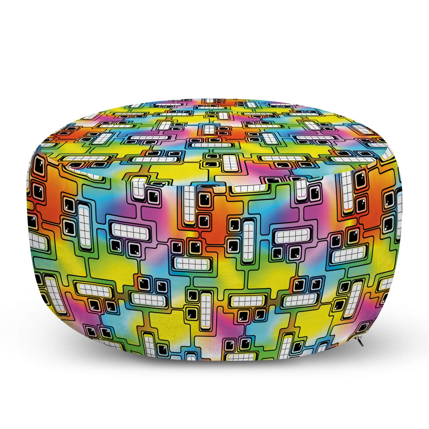Ambesonne Colorful Ottoman Pouf with Hippie Digital Fun Characters - Video Game Artwork Pattern Foot Rest with Removable Cover for Living Room & Bedroom - Multicolor Decorative Accent for Gaming Rooms & Boho Home Decor