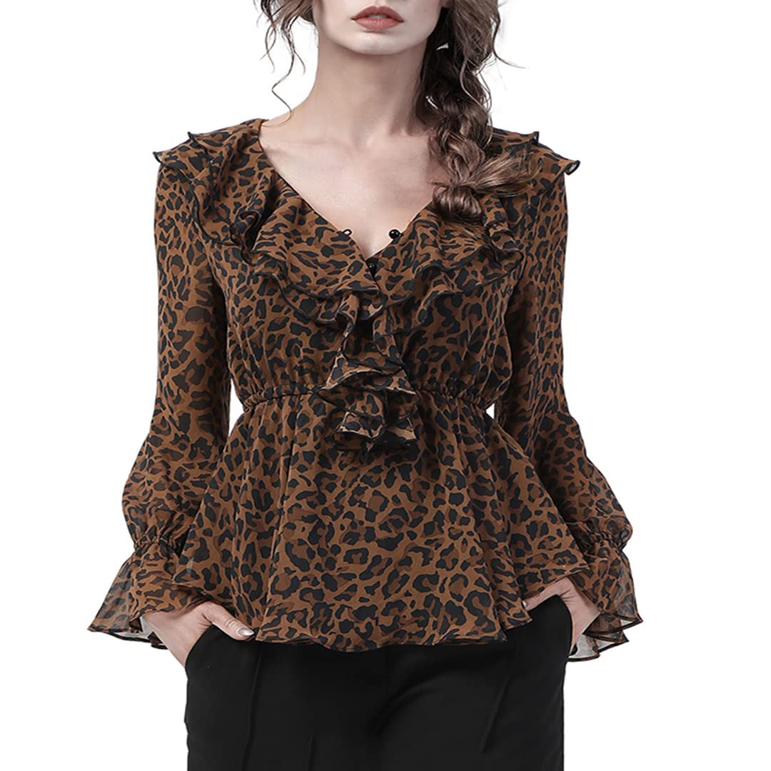 Women's V-Neck Flare Long Sleeve Leopard Print Blouse - Casual Loose Wrap Ruffle Shirt for Work, Date Night & Fall Outfits