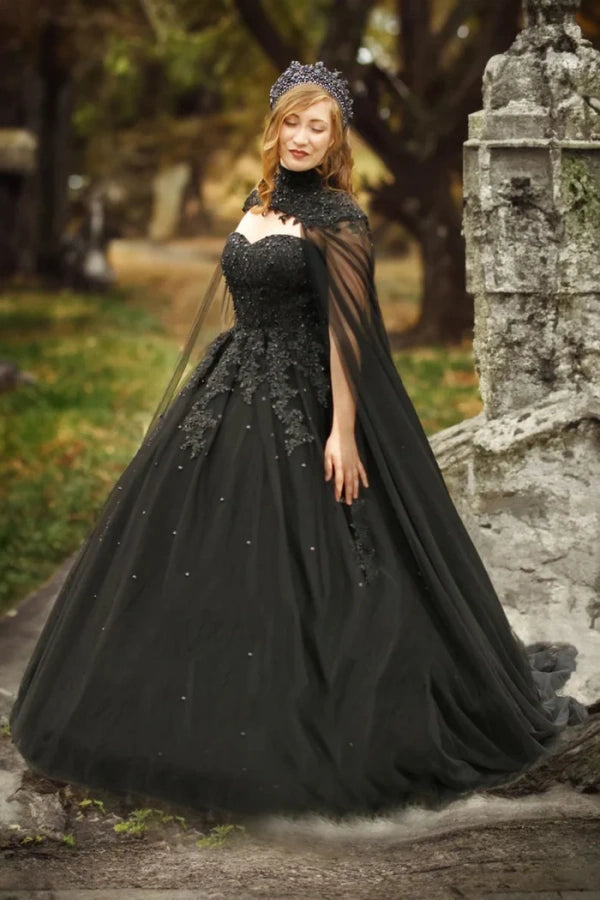 Elegant A-Line Crystals Tulle Sweetheart Long Black Wedding Dress TD0005 - Perfect for Bridal, Evening Gala, and Formal Occasions