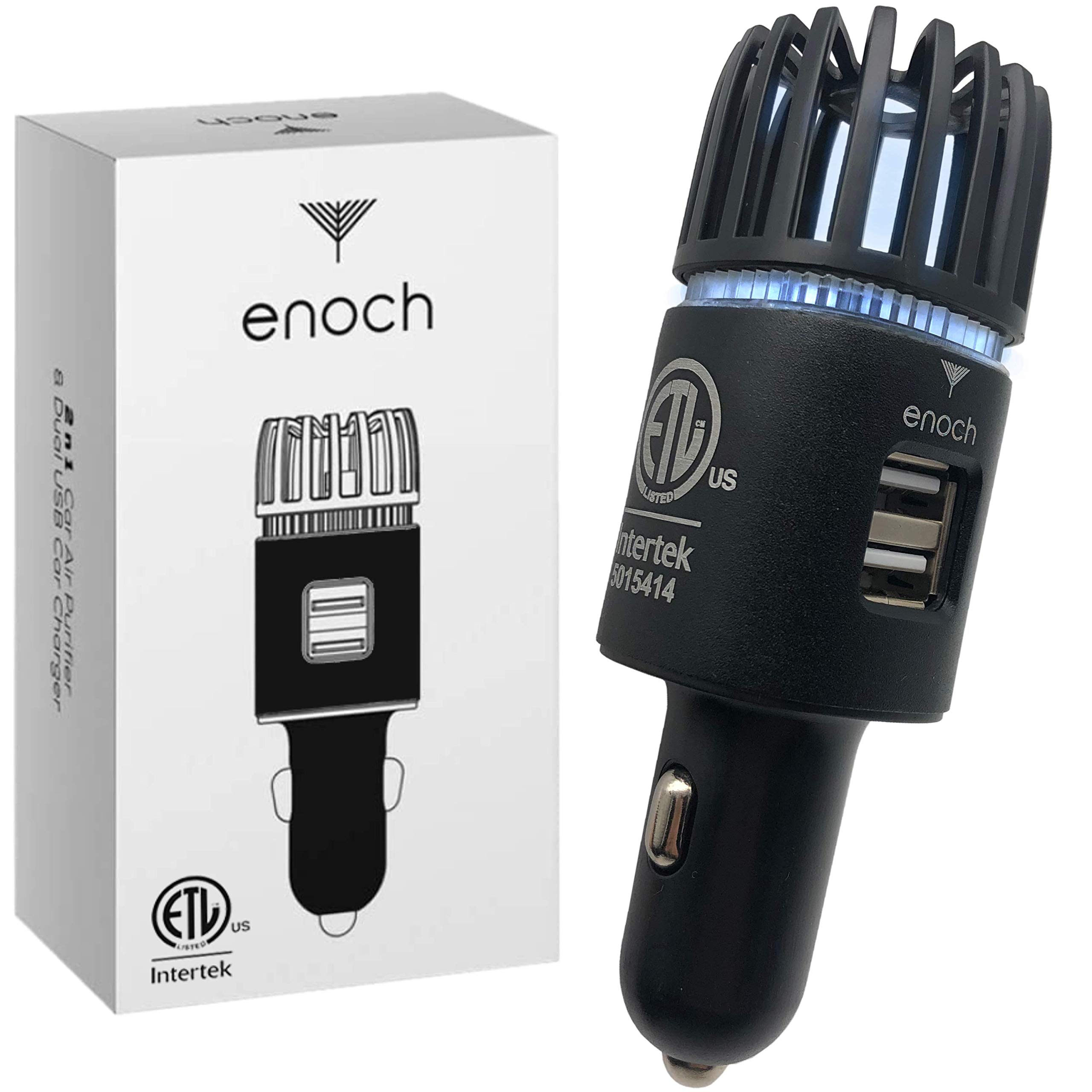 Enoch Ionic Car Air Purifier with Dual USB Charger - Eliminates Odor, Dust, Smoke, Pet & Food Smells - Ozone Car Deodorizer for Fresh Air (Matt Black) | Perfect for Road Trips, Commuting & Pet Owners
