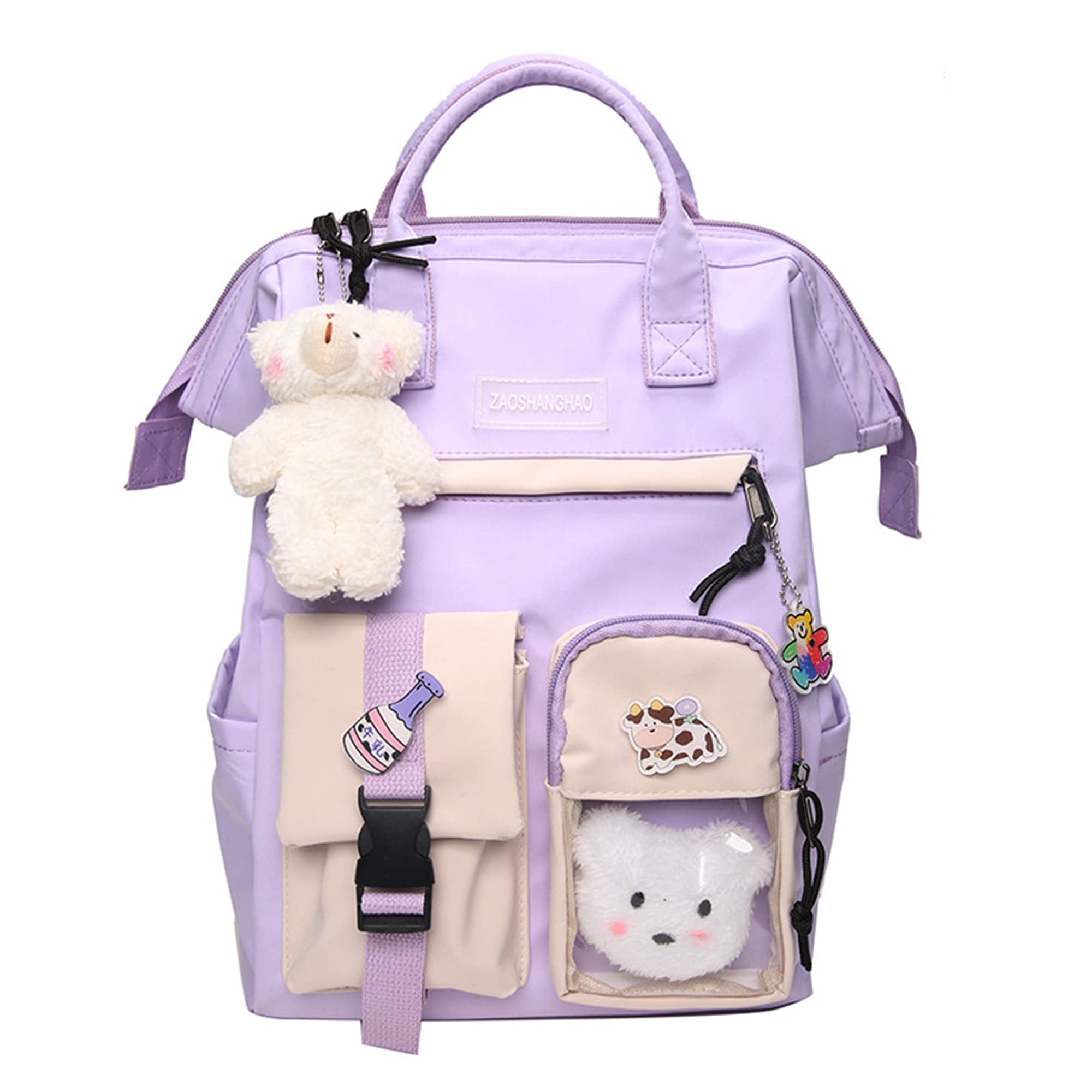 Cute Japanese Kawaii Backpack for Teen Girls - Pink Waterproof School Bag with Pin & Cow Plush Toy - Perfect for School, Travel & Laptop Carry (15.6 Inch)