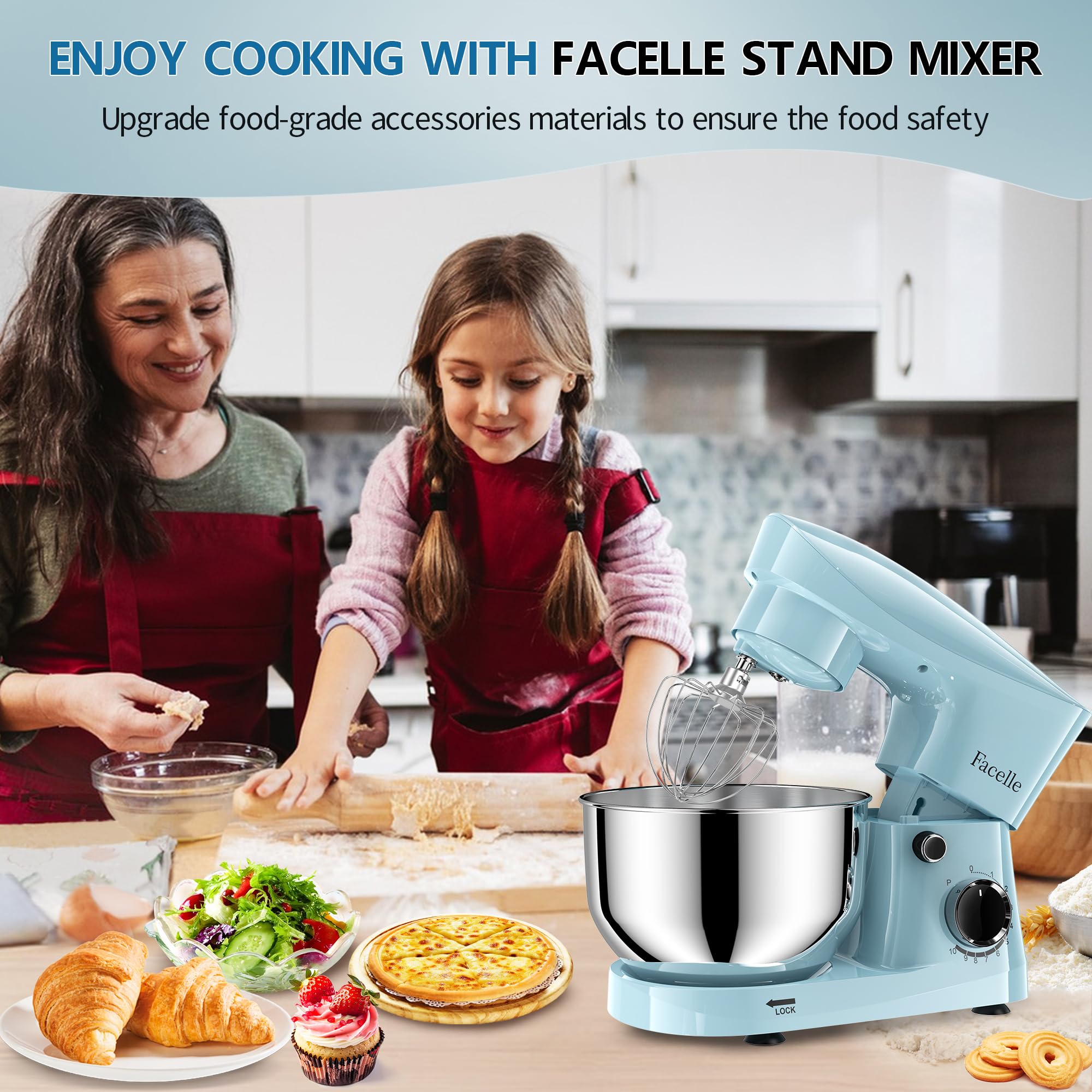 Facelle 10-Speed 6QT Stand Mixer, Tilt-Head Electric Kitchen Mixer with Beater, Dough Hook & Wire Whip - Perfect for Baking Cakes, Cookies, Bread & Pastries at Home (Blue)