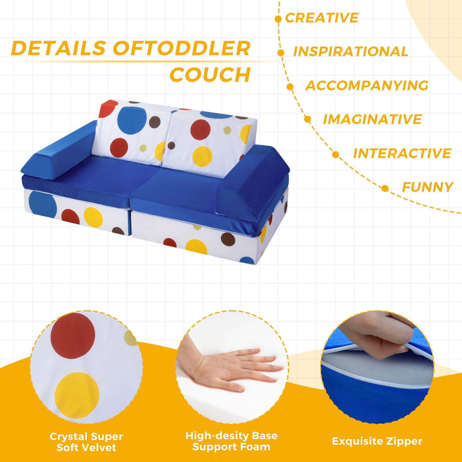 MAXYOYO 10-Piece Modular Convertible Kids Play Couch Sofa Set with Removable Soft Velvet Covers - Multi-Color for Playroom, Nursery & Family Room - Perfect for Toddlers' Playtime, Reading Nook & Sleepovers