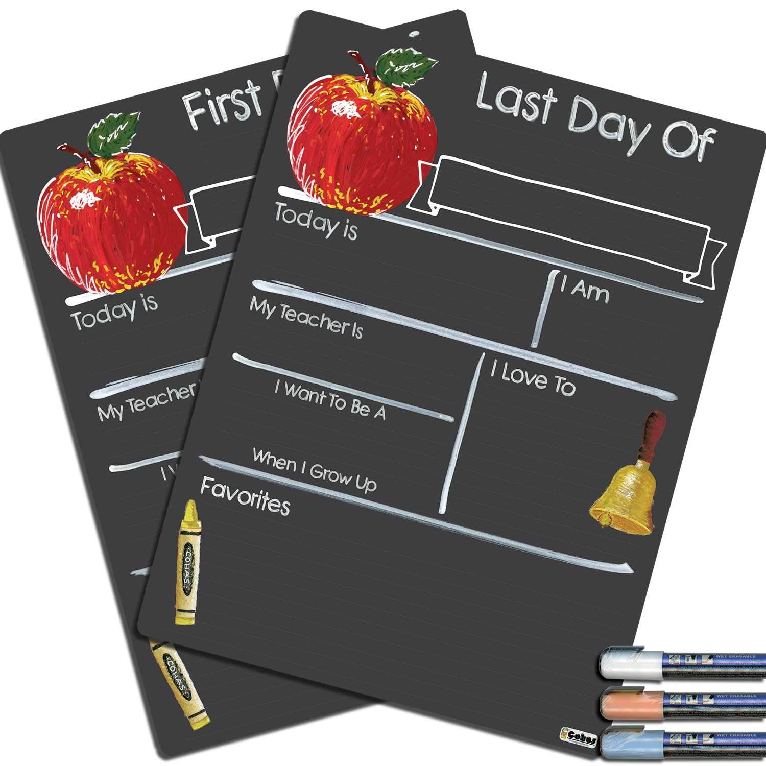 Pair of First and Last Day of School Chalkboard Milestone Boards - 15x20 Inch Reusable Sign with 3 Pastel Markers - Perfect for Back to School Photos, Kindergarten Graduation & Yearly Growth Tracking