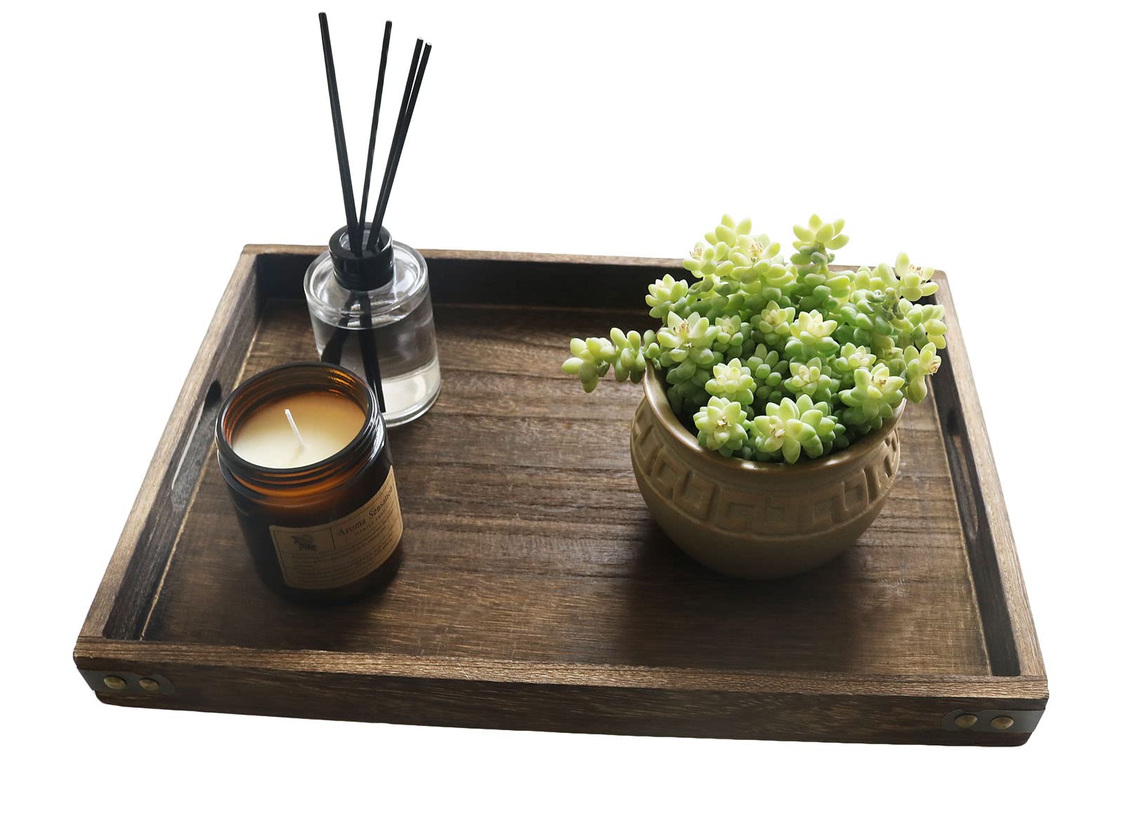 16 Inch Rustic Wood Serving Tray with Handles - Durable & Lightweight Paulownia Wood Nesting Tray for Breakfast in Bed, Coffee Table Decor, or Entertaining Guests