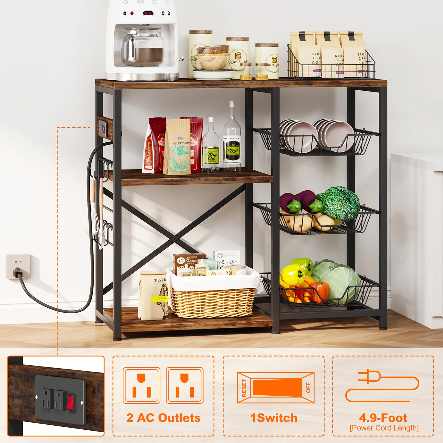Homeiju Kitchen Island with Power Outlet | Rustic Brown Baker's Rack & Microwave Stand | Coffee Bar Station with 3 Removable Wire Baskets | Kitchen Storage Organizer with 6 S-Hooks for Spices, Pots & Pans | Perfect for Small Kitchens, Apartments & Coffee Stations
