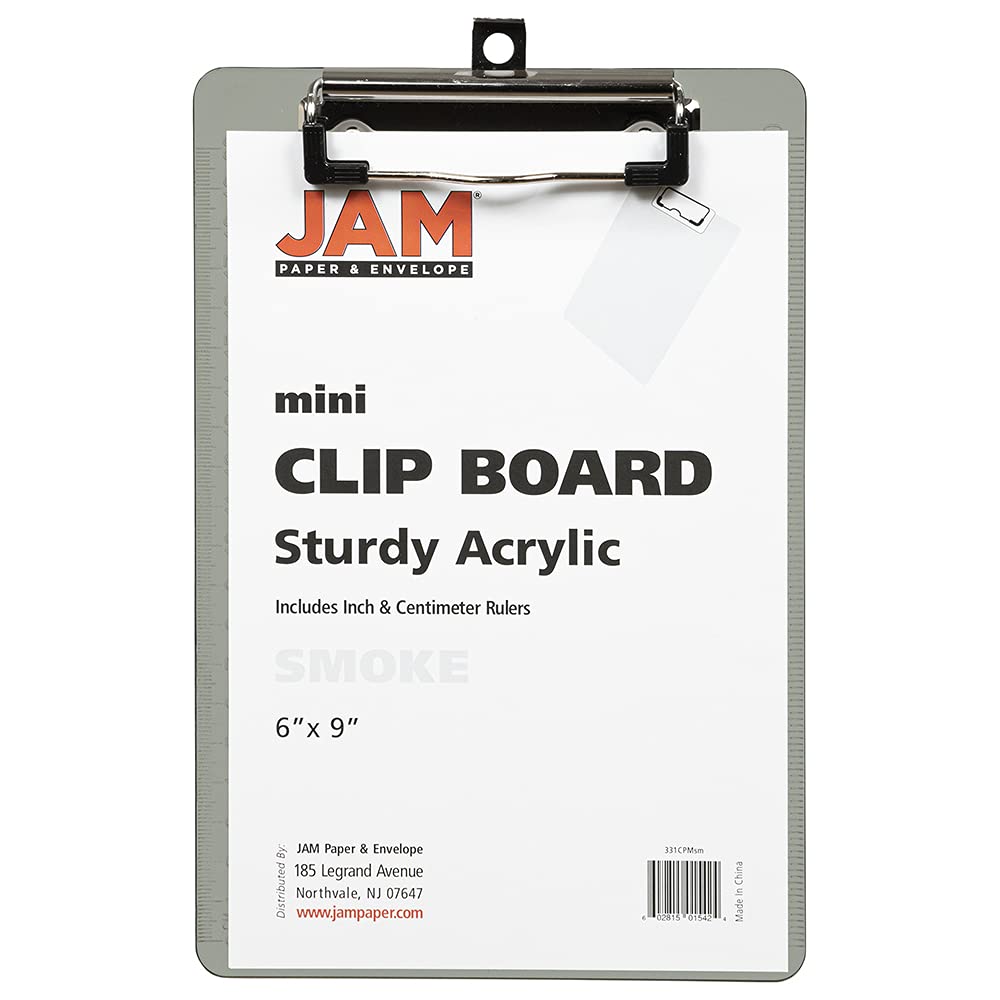 JAM PAPER Small Plastic Memo Clipboards with Low Profile Metal Clip - Mini (6 x 9 Inches) - Smoke Grey - Pack of 12 - Perfect for Office, School, and Home Organization