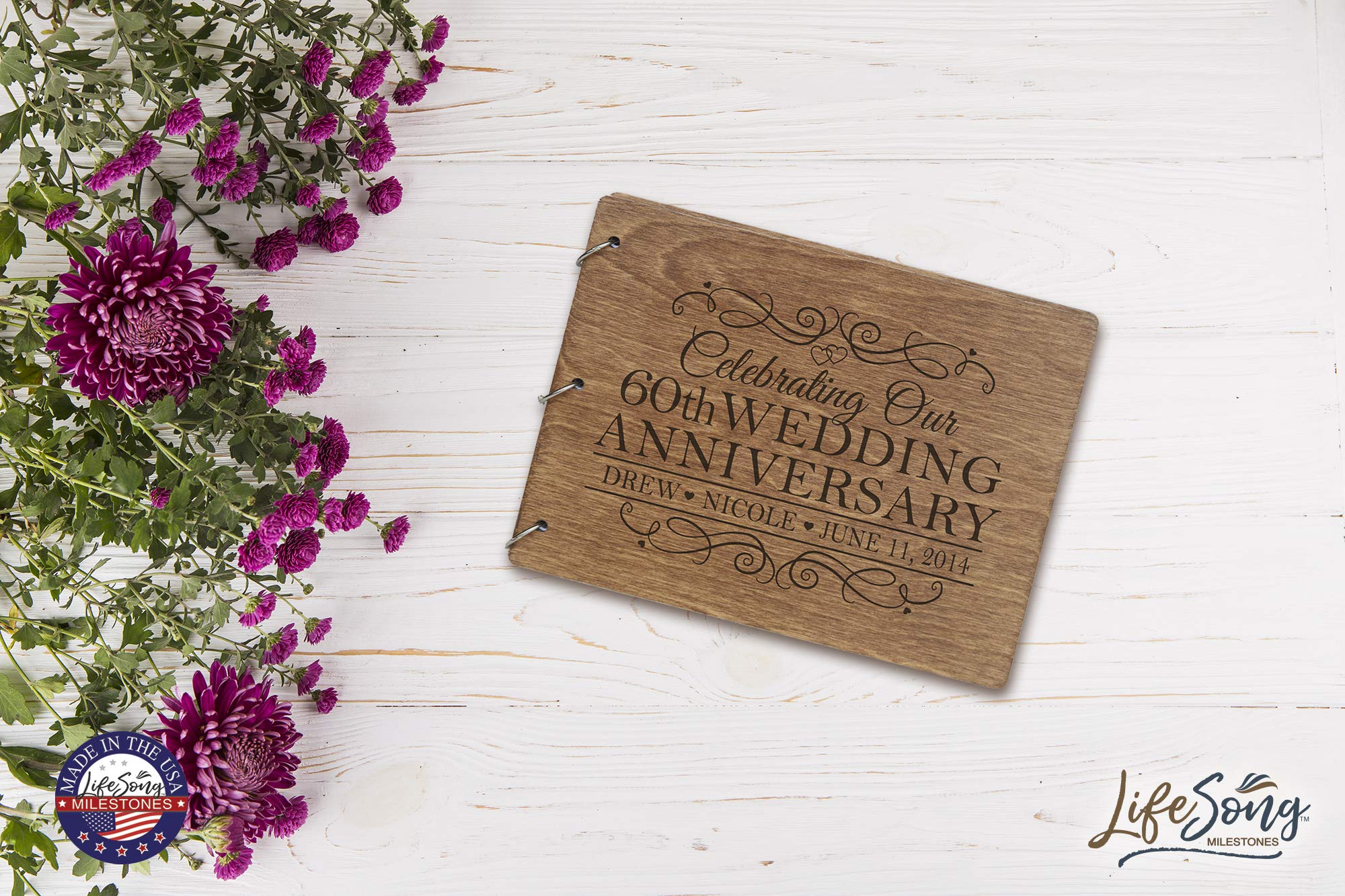 LifeSong Milestones Personalized 60th Wedding Anniversary Guest Book for Couples - Elegant Wooden Walnut Keepsake for 60 Years of Marriage Celebration | Perfect for Anniversary Parties, Gift Registry & Cherished Memories